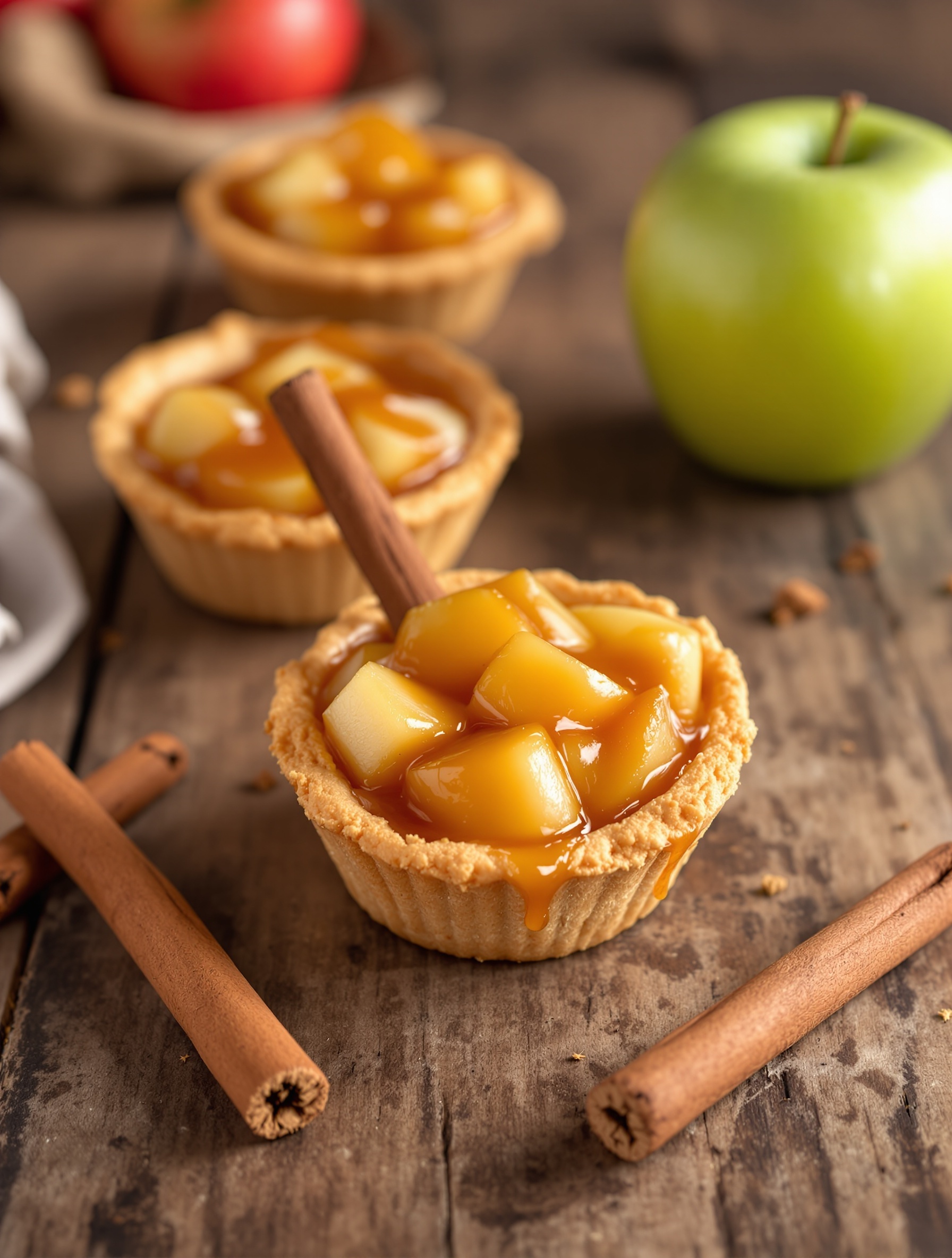 Caramel apple tart cups with diced apples and caramel sauce, surrounded by cinnamon sticks and a green apple.