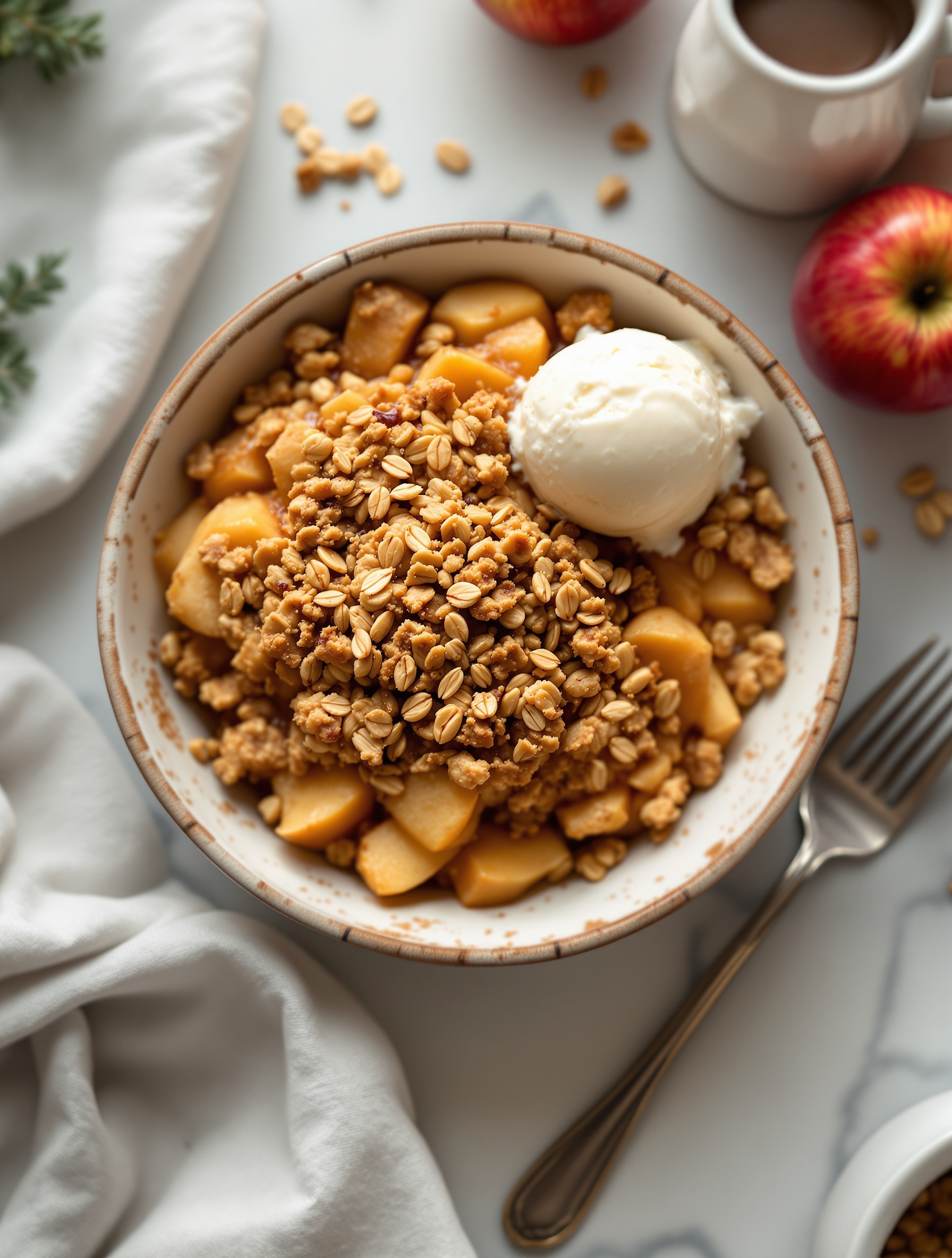 A bowl of caramelized apple crisp topped with oats and a scoop of ice cream.