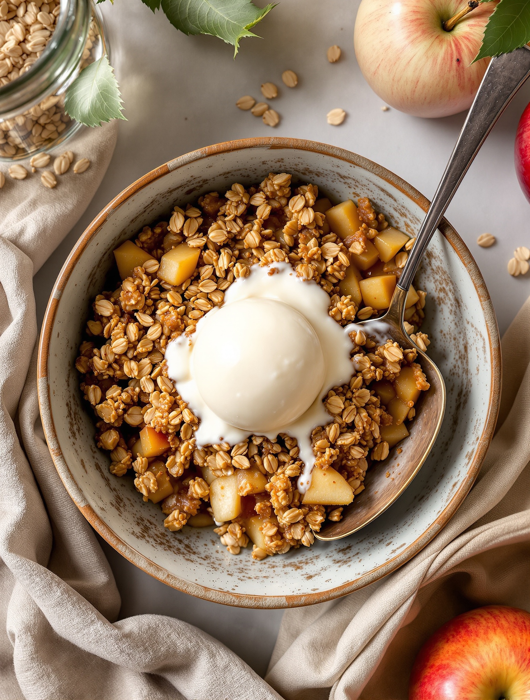 A bowl of caramelized apple crisp topped with oats and ice cream, surrounded by fresh apples and oats.