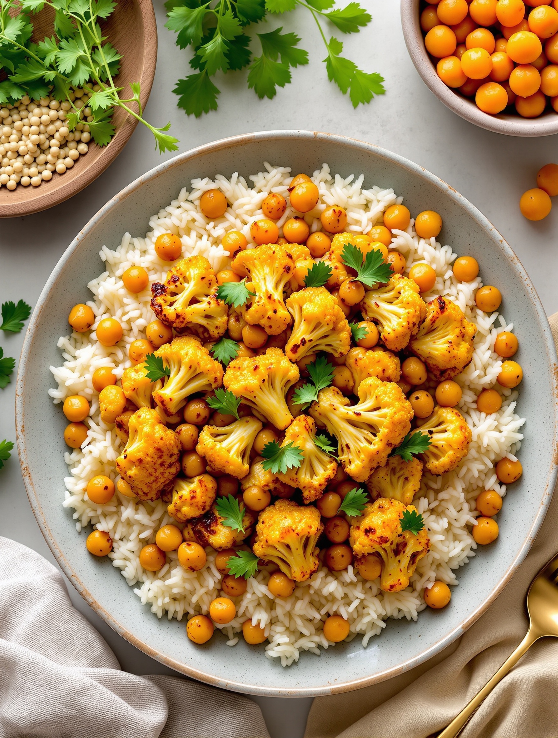 A vibrant cauliflower and chickpea stir fry served over rice, garnished with fresh cilantro.