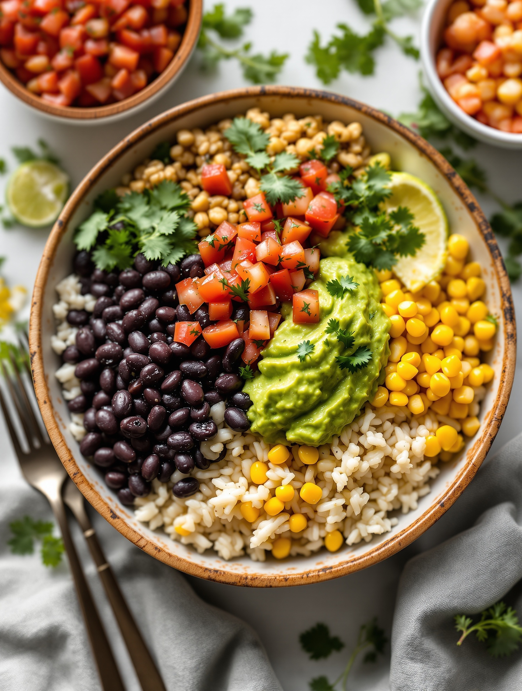 A colorful cauliflower rice burrito bowl with black beans, corn, tomatoes, and avocado.