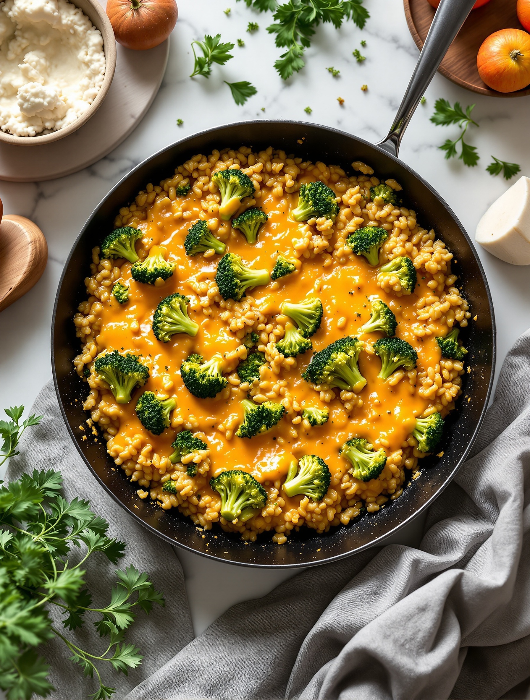 A skillet filled with cheesy broccoli and rice casserole topped with fresh broccoli florets.