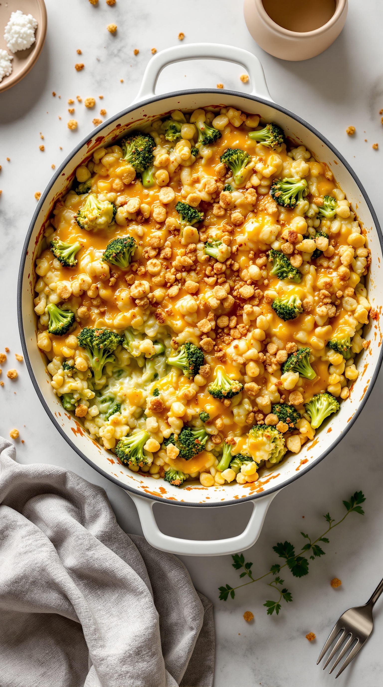 A delicious cheesy broccoli and rice casserole topped with crushed crackers in a baking dish.