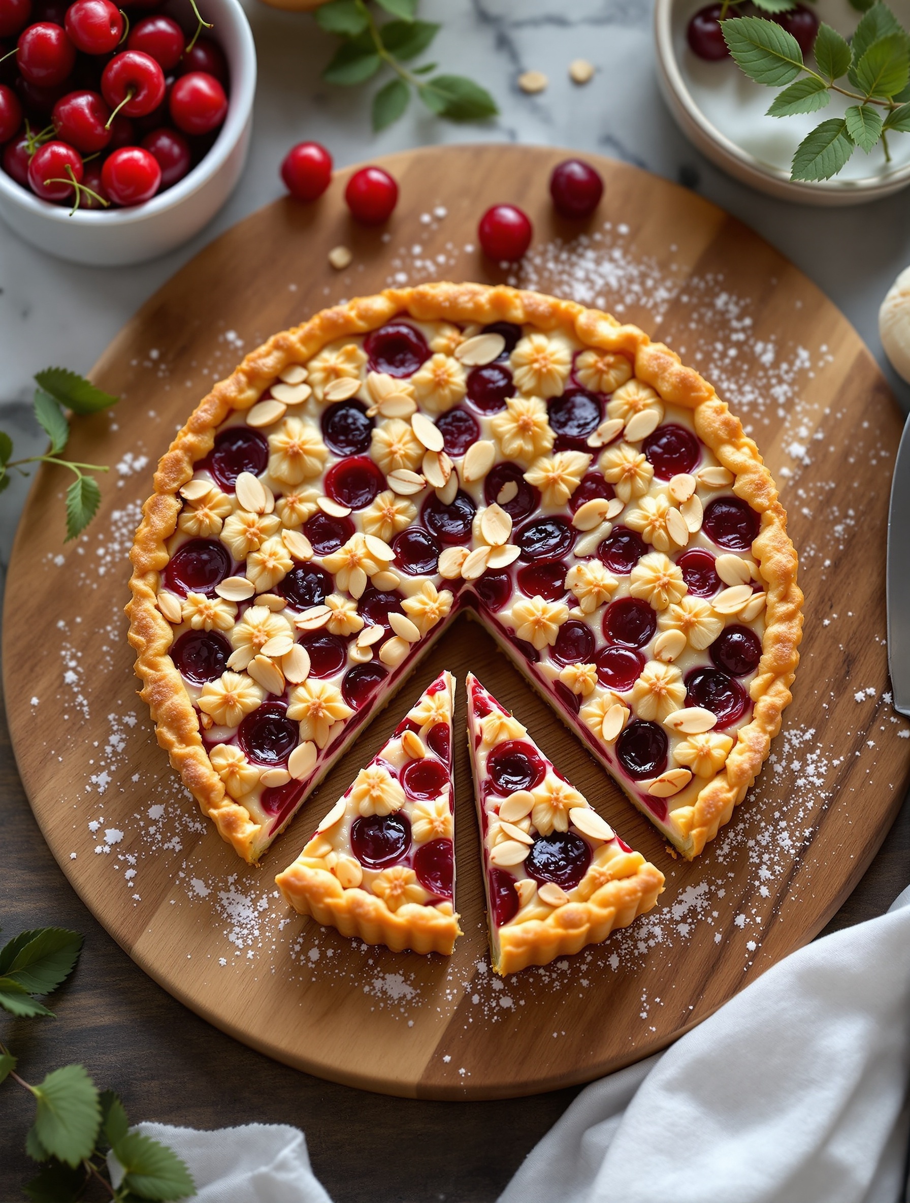 A cherry almond tart with a flaky crust, topped with cherries and almond slices, displayed on a wooden board.