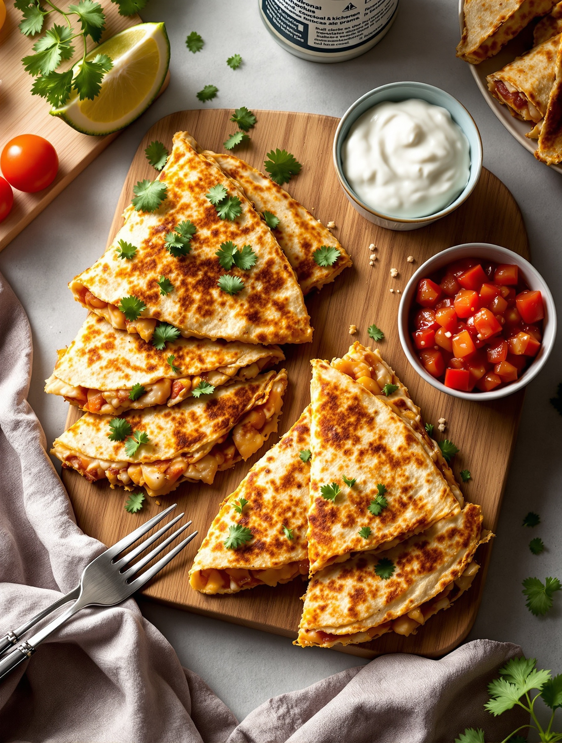 Delicious chicken quesadillas served with salsa and sour cream on a wooden board.