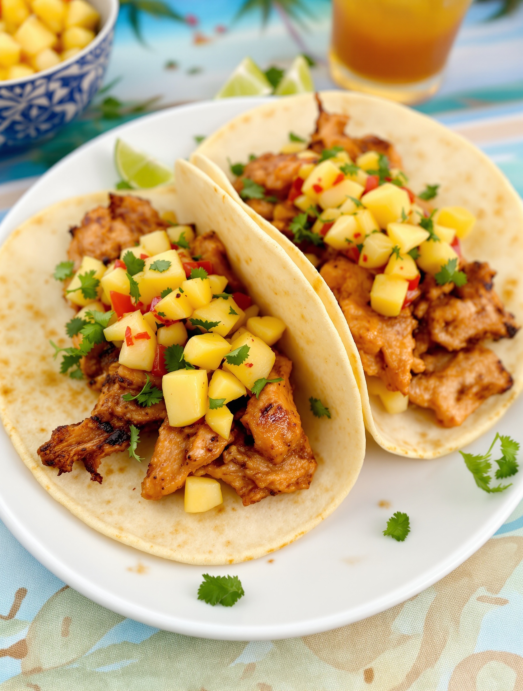 Two chicken tacos topped with pineapple salsa, garnished with cilantro on a plate.