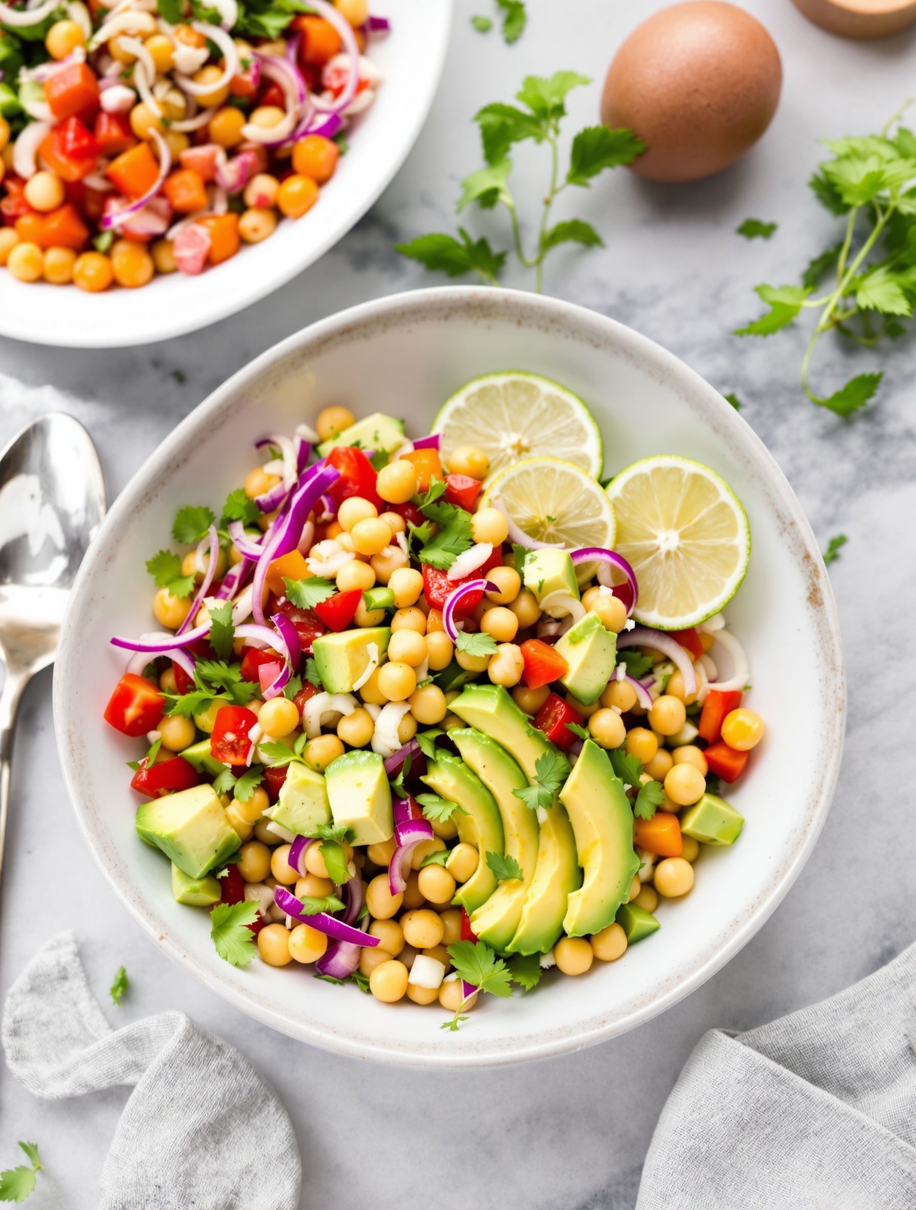 A colorful chickpea and avocado salad with red onions, bell peppers, and lime wedges.