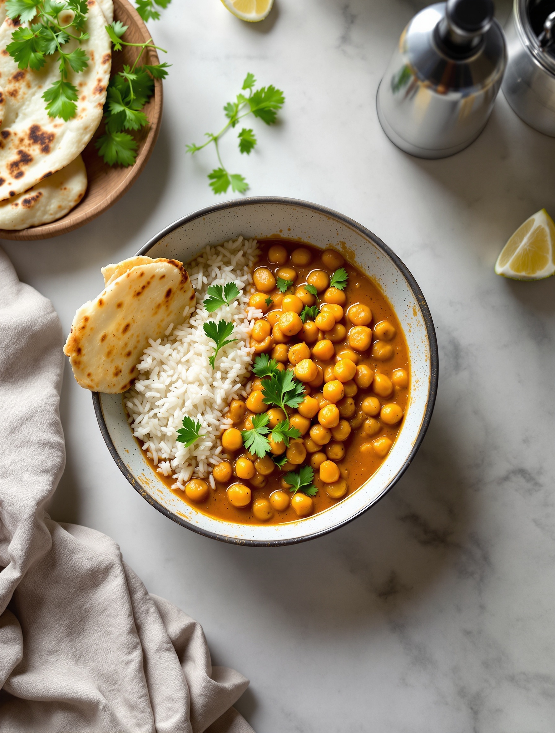 A bowl of chickpea curry in coconut milk served with rice and naan, garnished with cilantro.