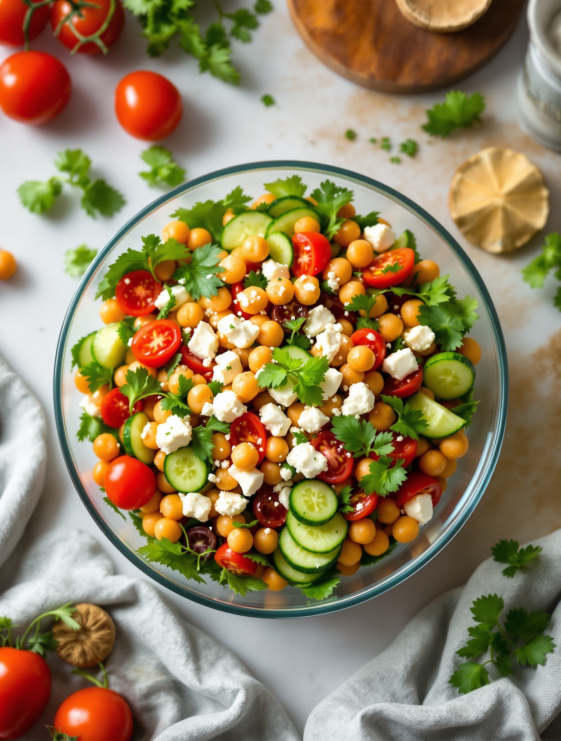 A vibrant bowl of chickpea salad with feta, cherry tomatoes, cucumbers, and cilantro.
