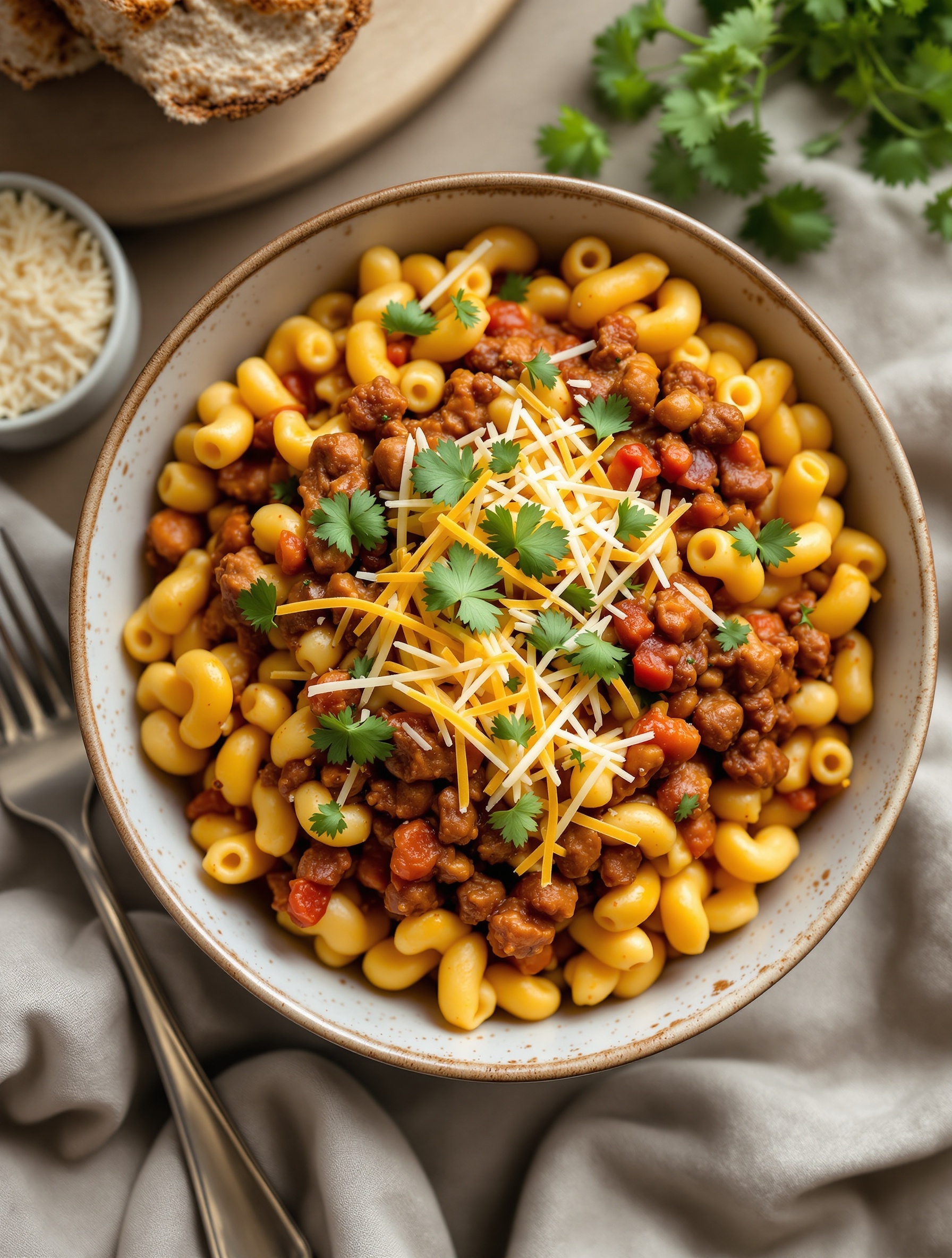 A bowl of Chili Mac with Ground Turkey topped with cilantro and cheese.