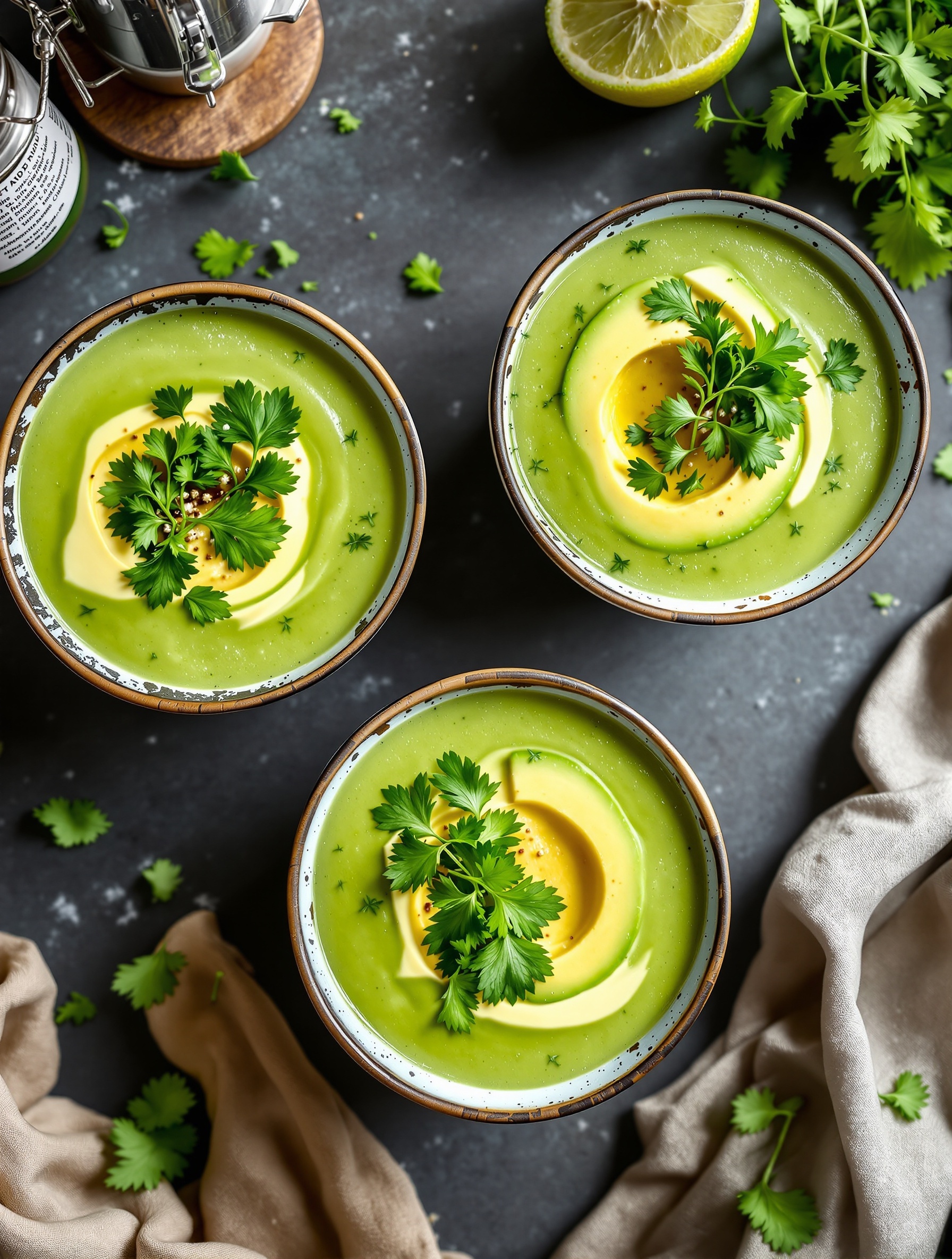 Three bowls of chilled avocado soup garnished with avocado slices and cilantro on a dark surface.