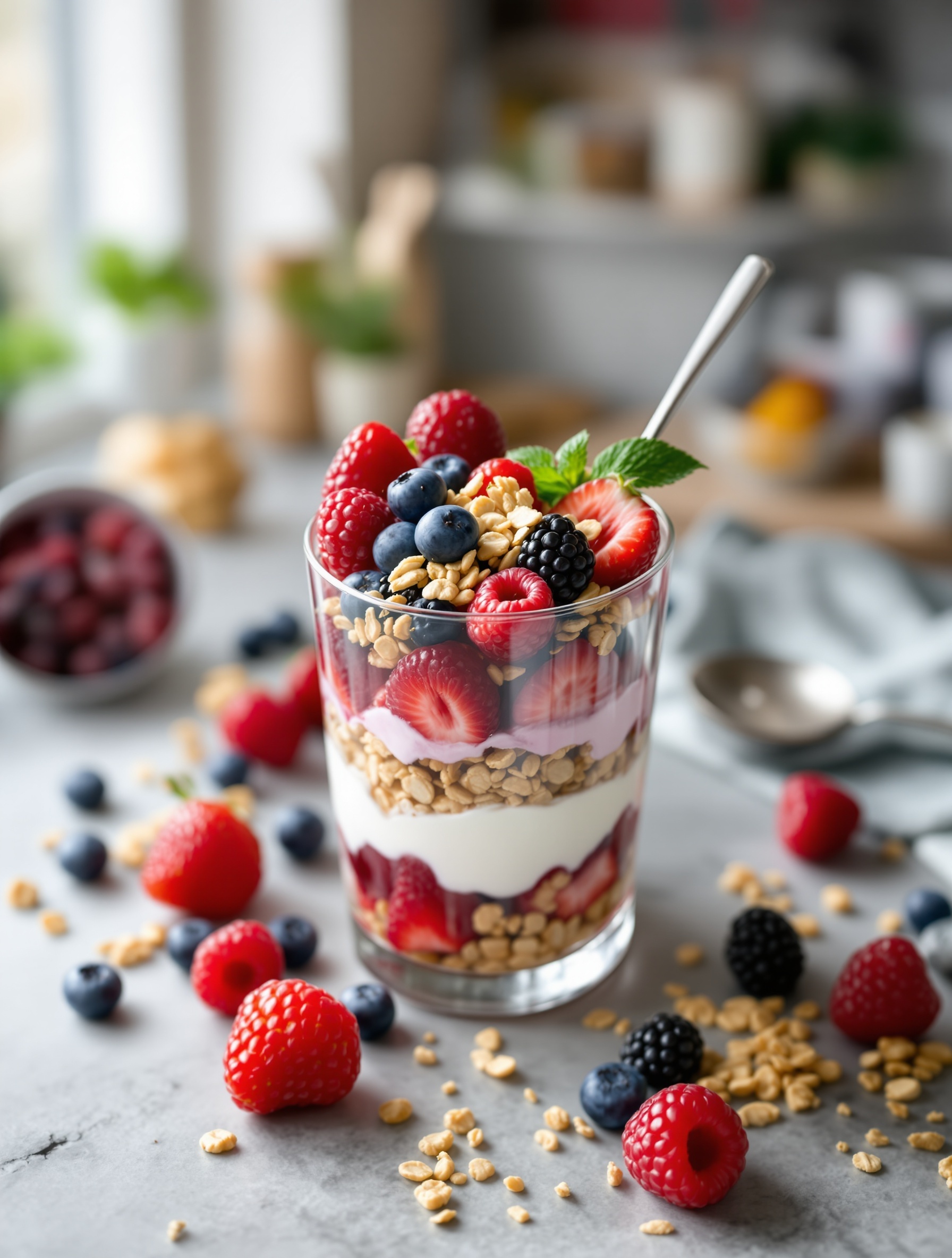 A glass of chilled berry parfait with layers of yogurt, granola, and mixed berries, garnished with mint.