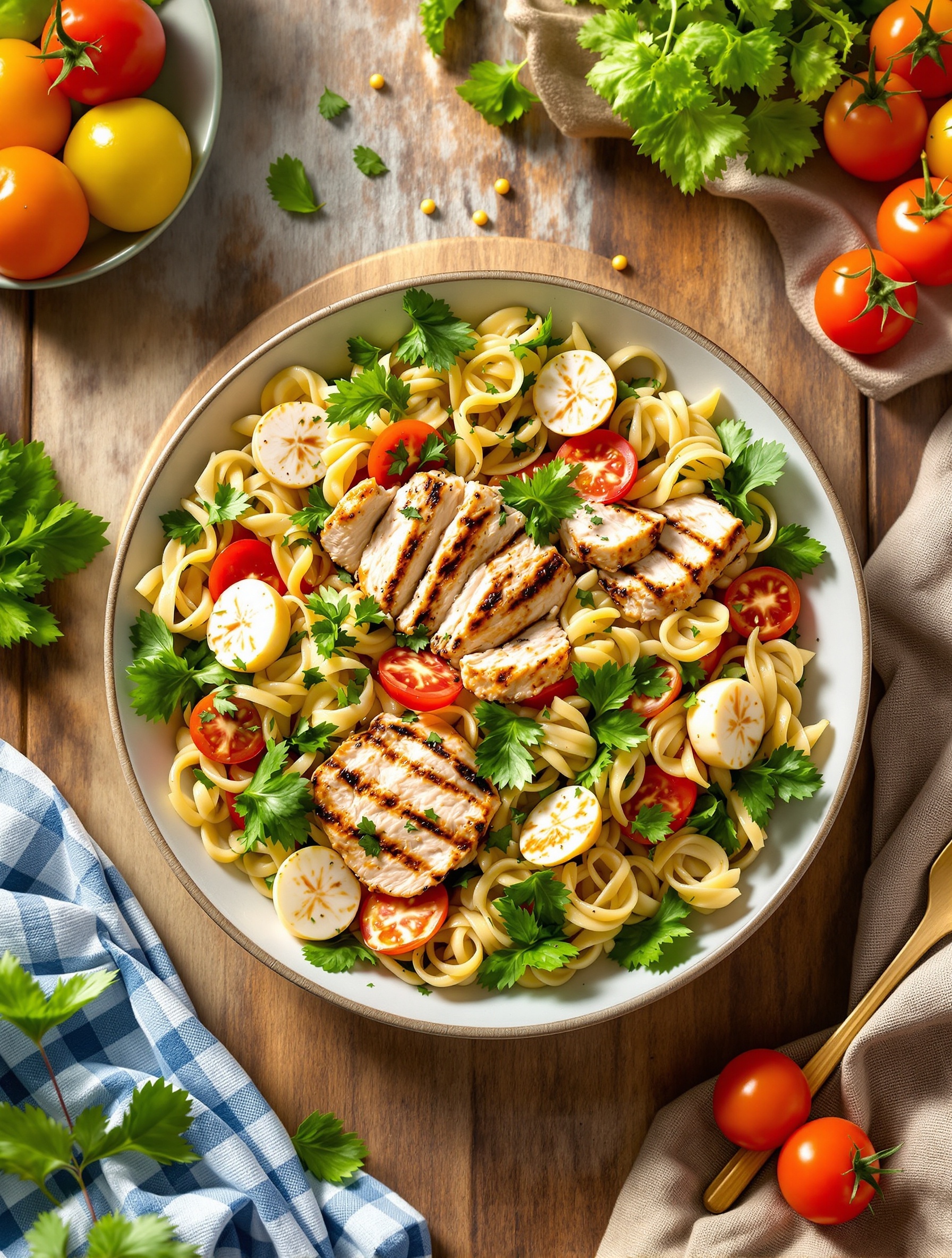 Chilled pasta salad with grilled chicken, cherry tomatoes, and fresh herbs on a wooden table.