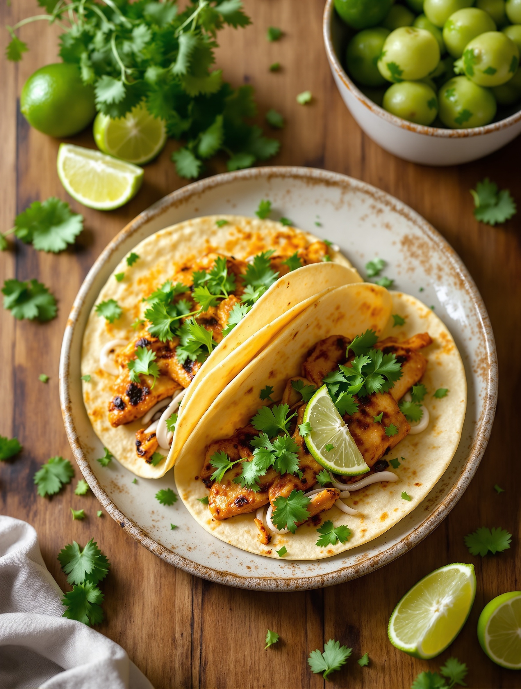 Two Chipotle Lime Grilled Chicken Tacos with cilantro and lime on a plate