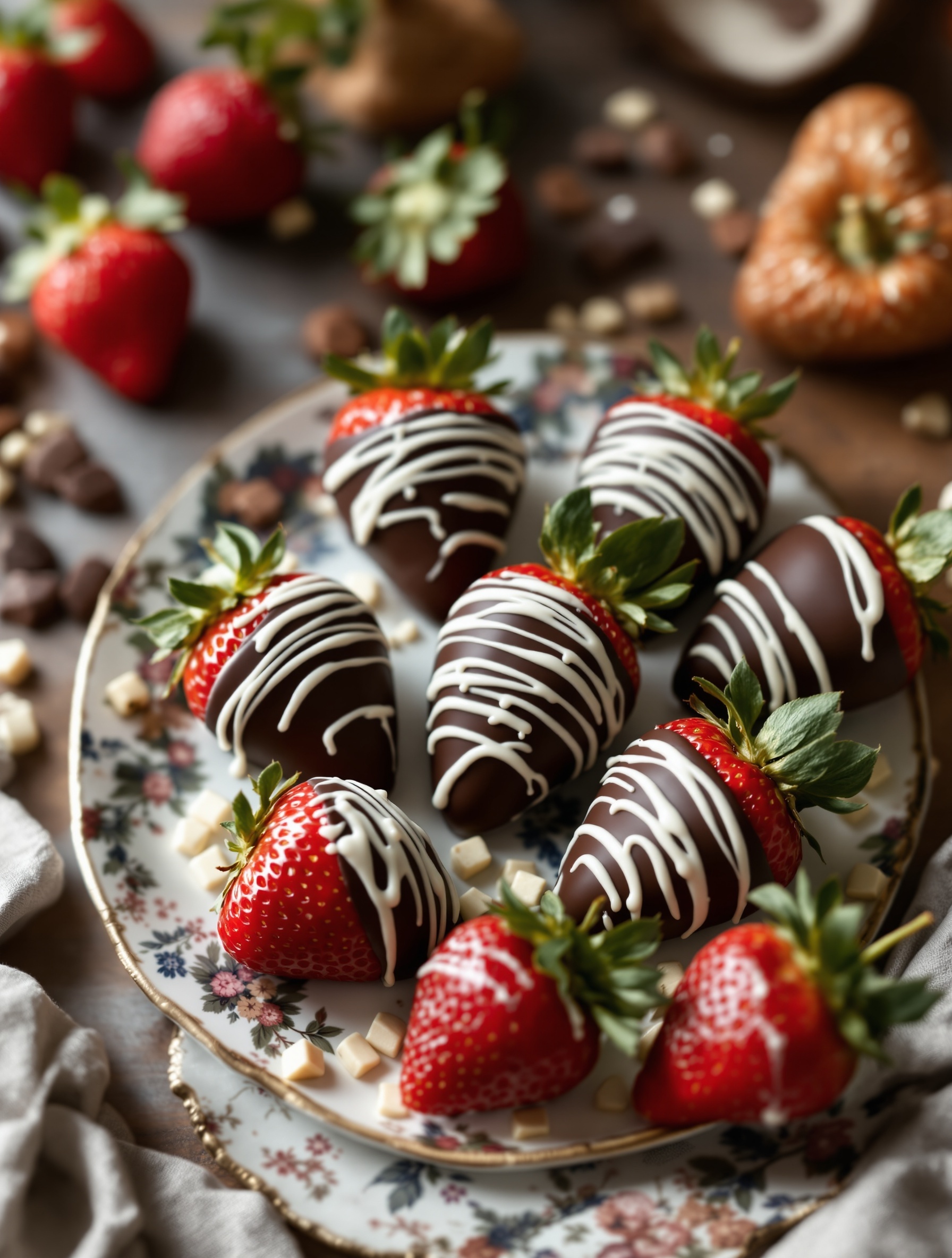 A plate of chocolate-covered strawberries drizzled with white chocolate, surrounded by fresh strawberries and chocolate pieces.