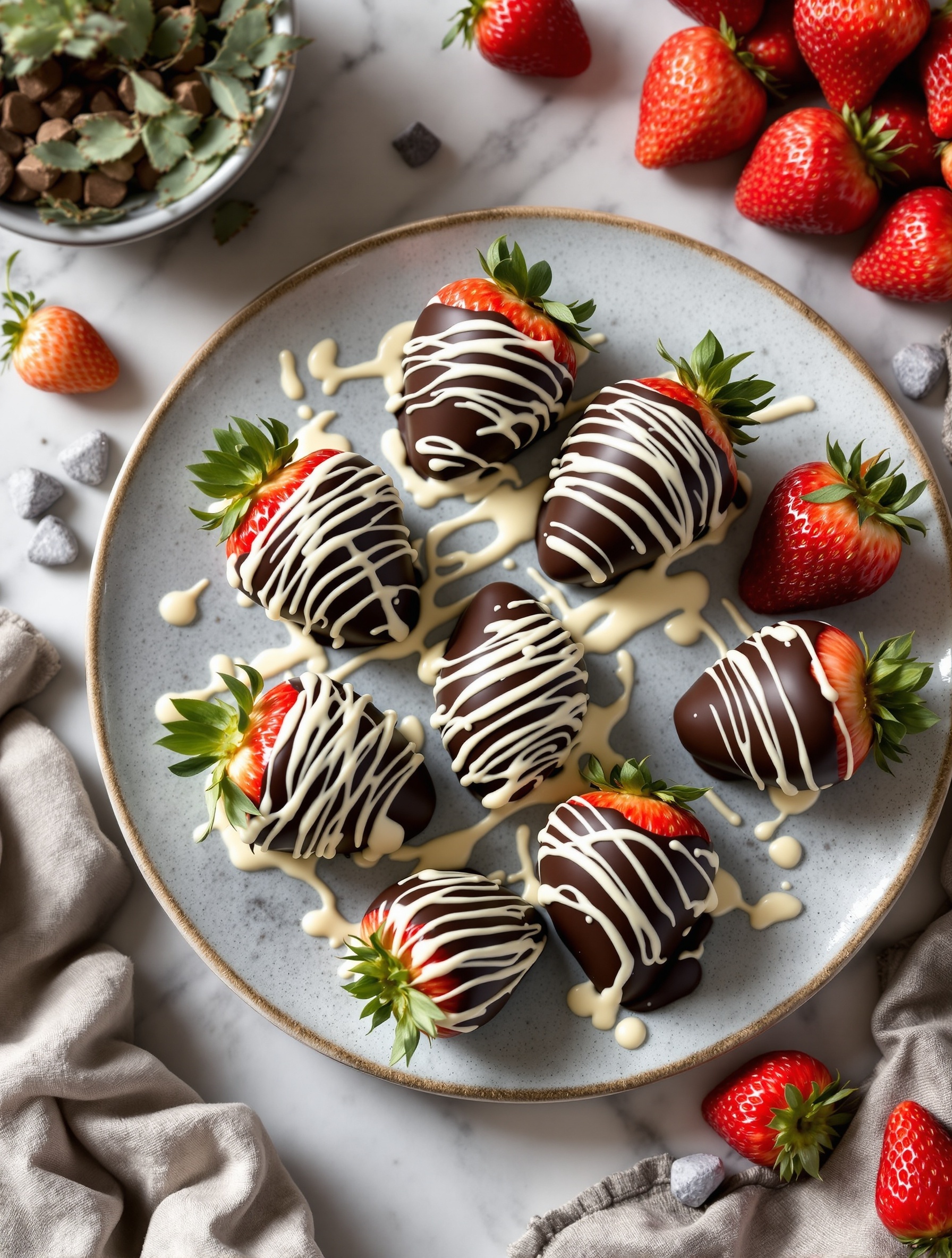 A plate of chocolate-covered strawberries drizzled with white chocolate, surrounded by fresh strawberries.