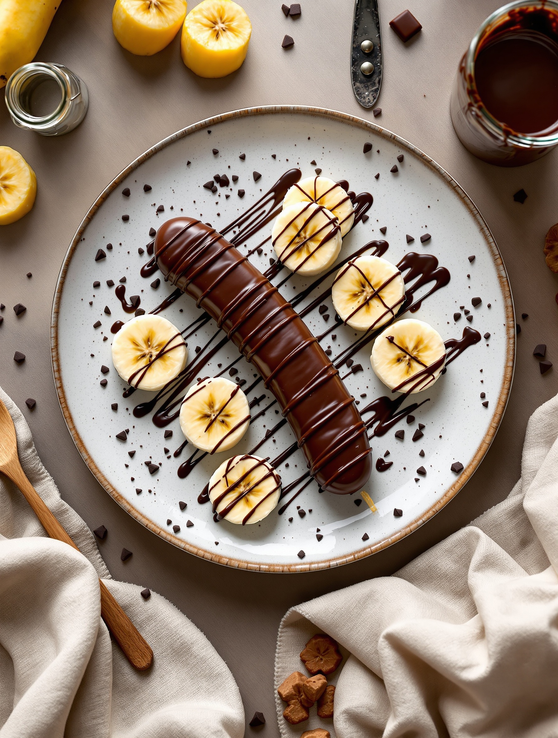 Plate of chocolate-dipped banana bites with banana slices and chocolate drizzle