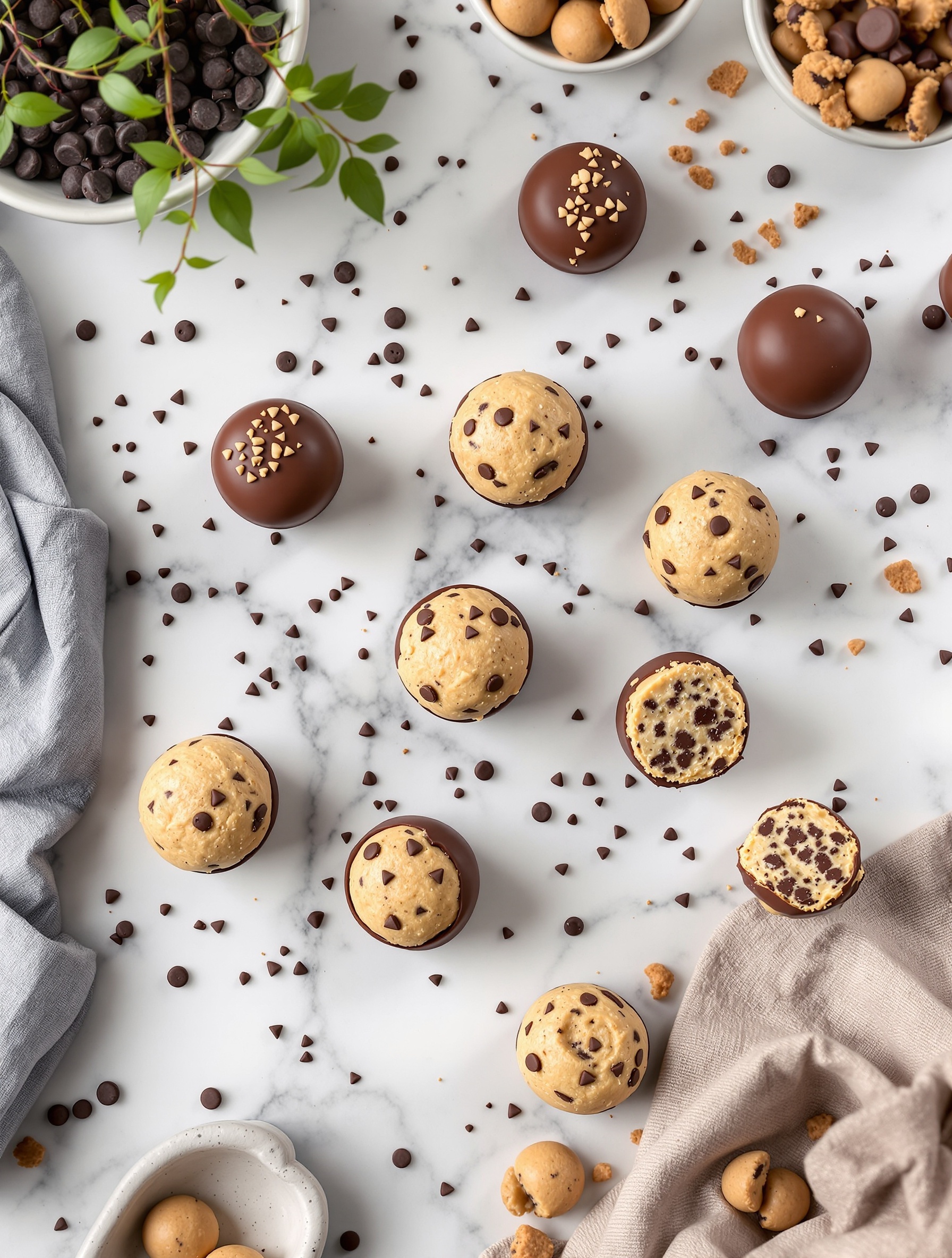 Chocolate chip cookie dough truffles on a marble surface, surrounded by chocolate chips and cookie crumbs.