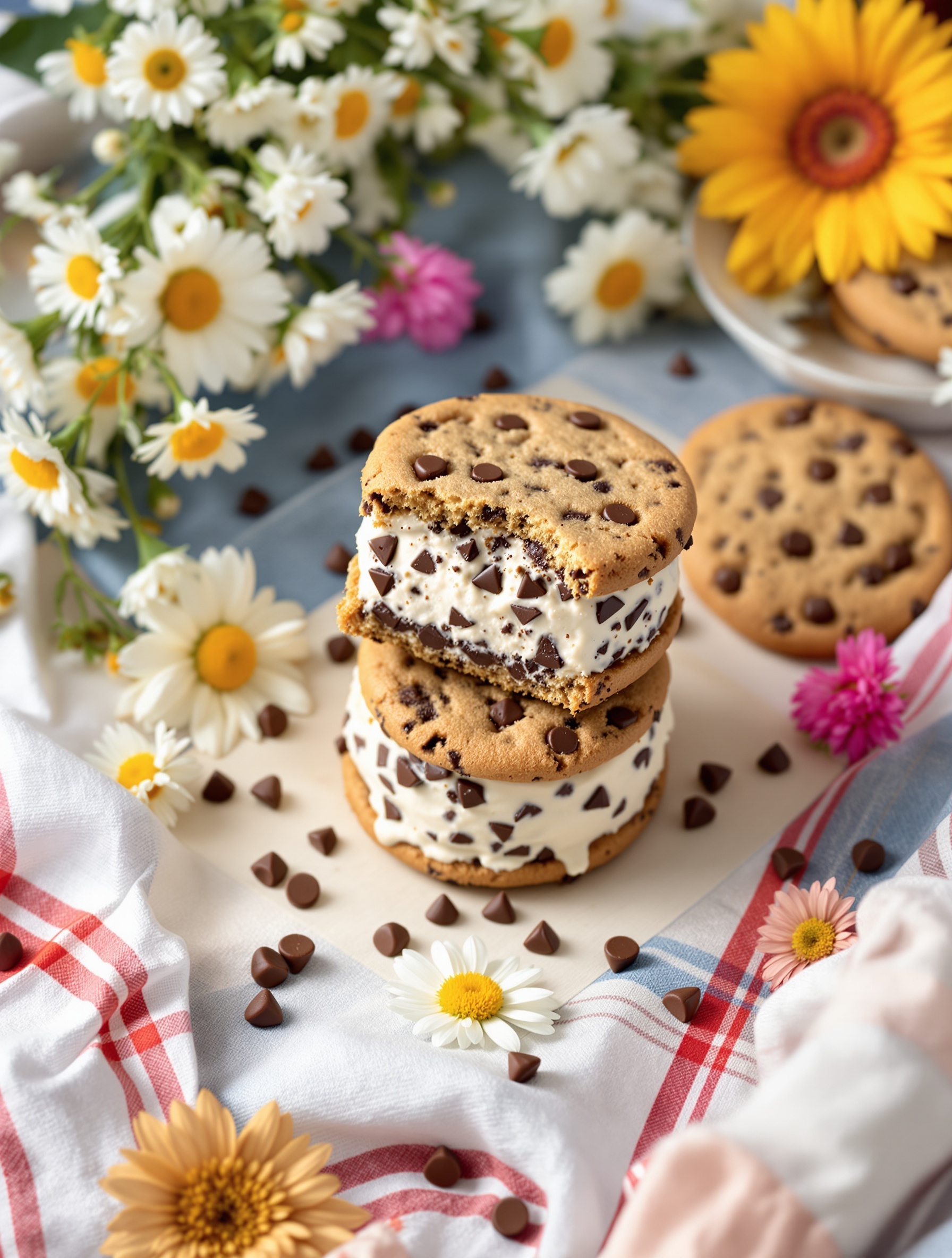 Chocolate chip cookie ice cream sandwiches with flowers and chocolate chips