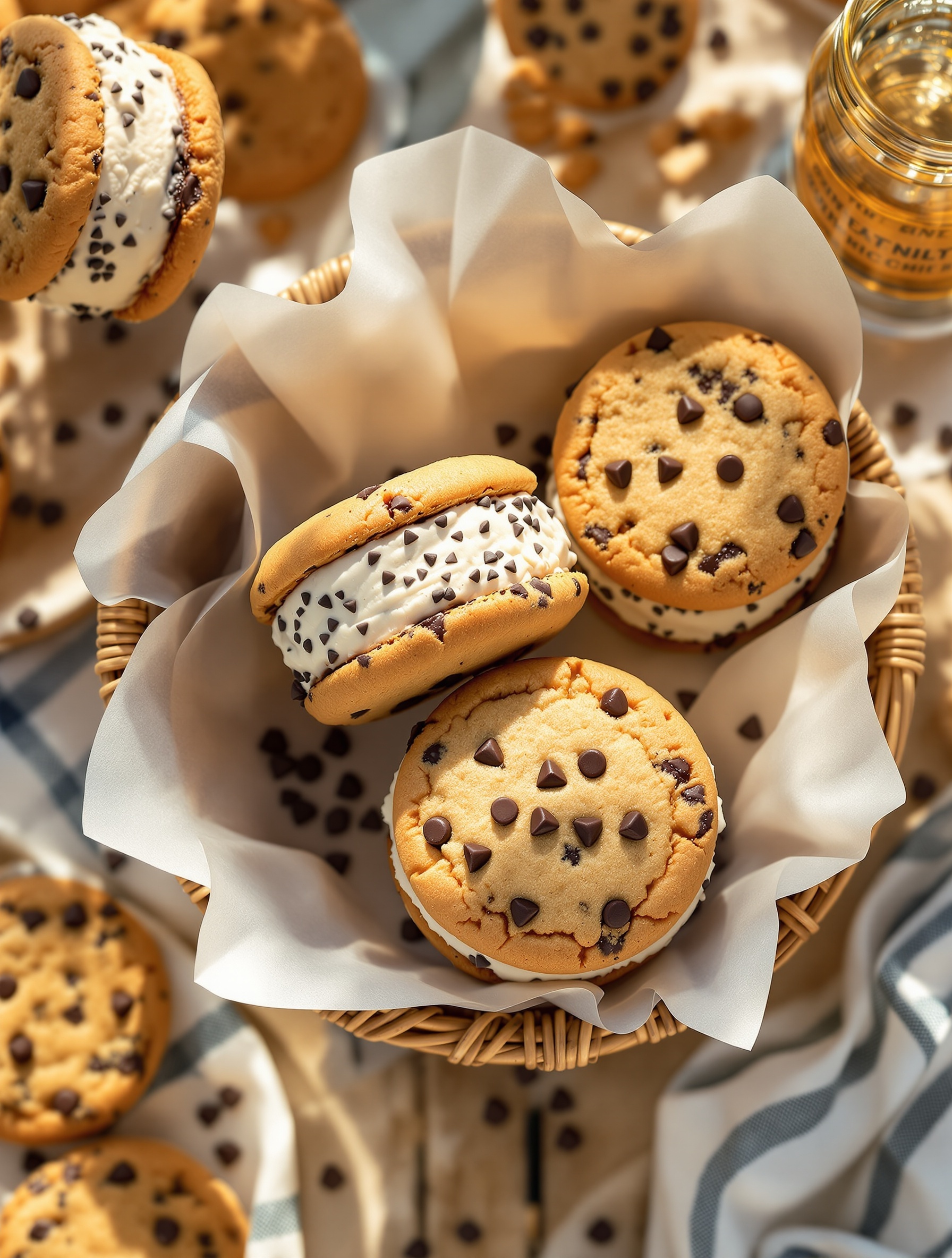 A basket filled with chocolate chip cookie sandwiches, showcasing creamy ice cream between two cookies, surrounded by chocolate chips.