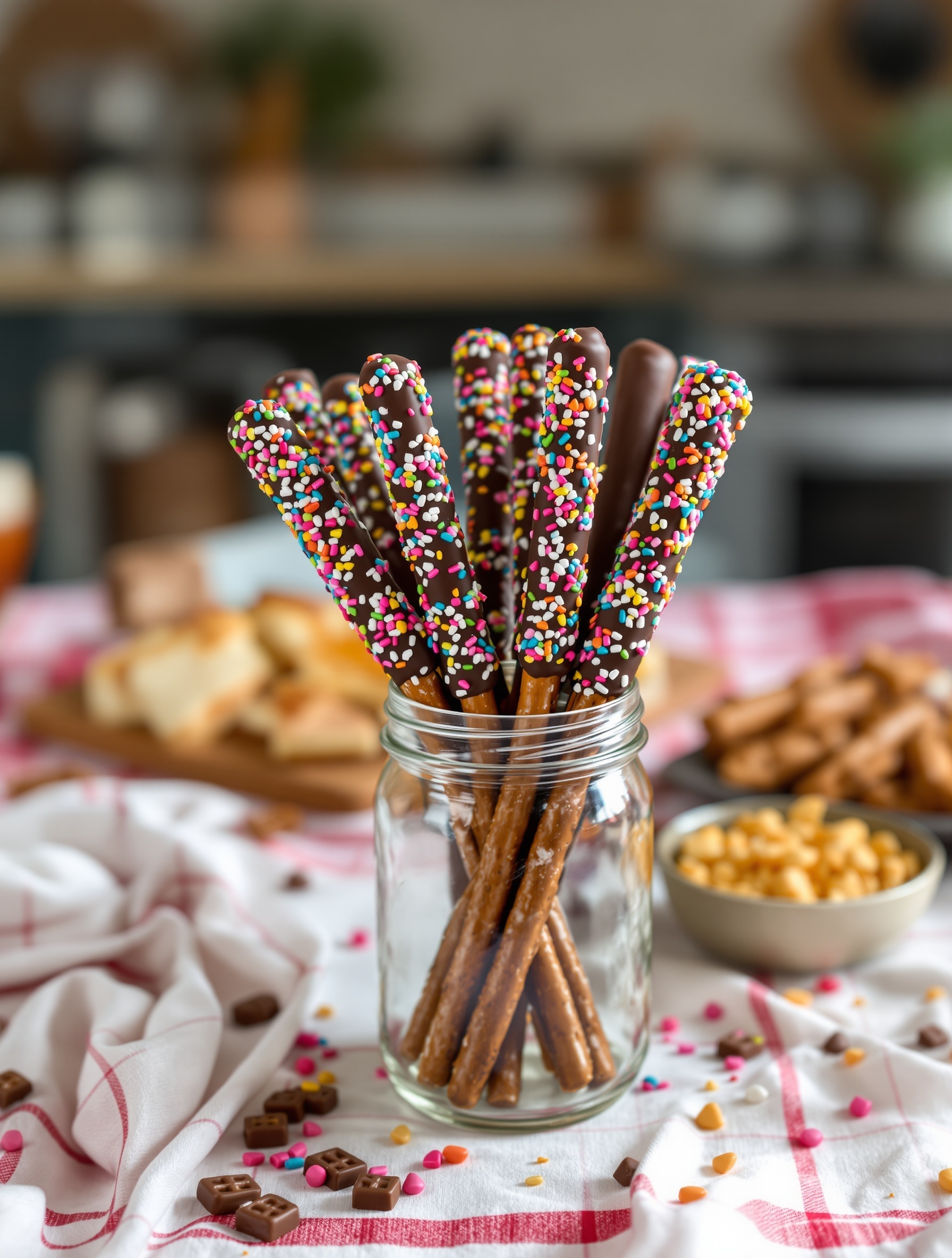 A jar filled with chocolate covered pretzel rods decorated with colorful sprinkles, surrounded by snacks on a picnic blanket.