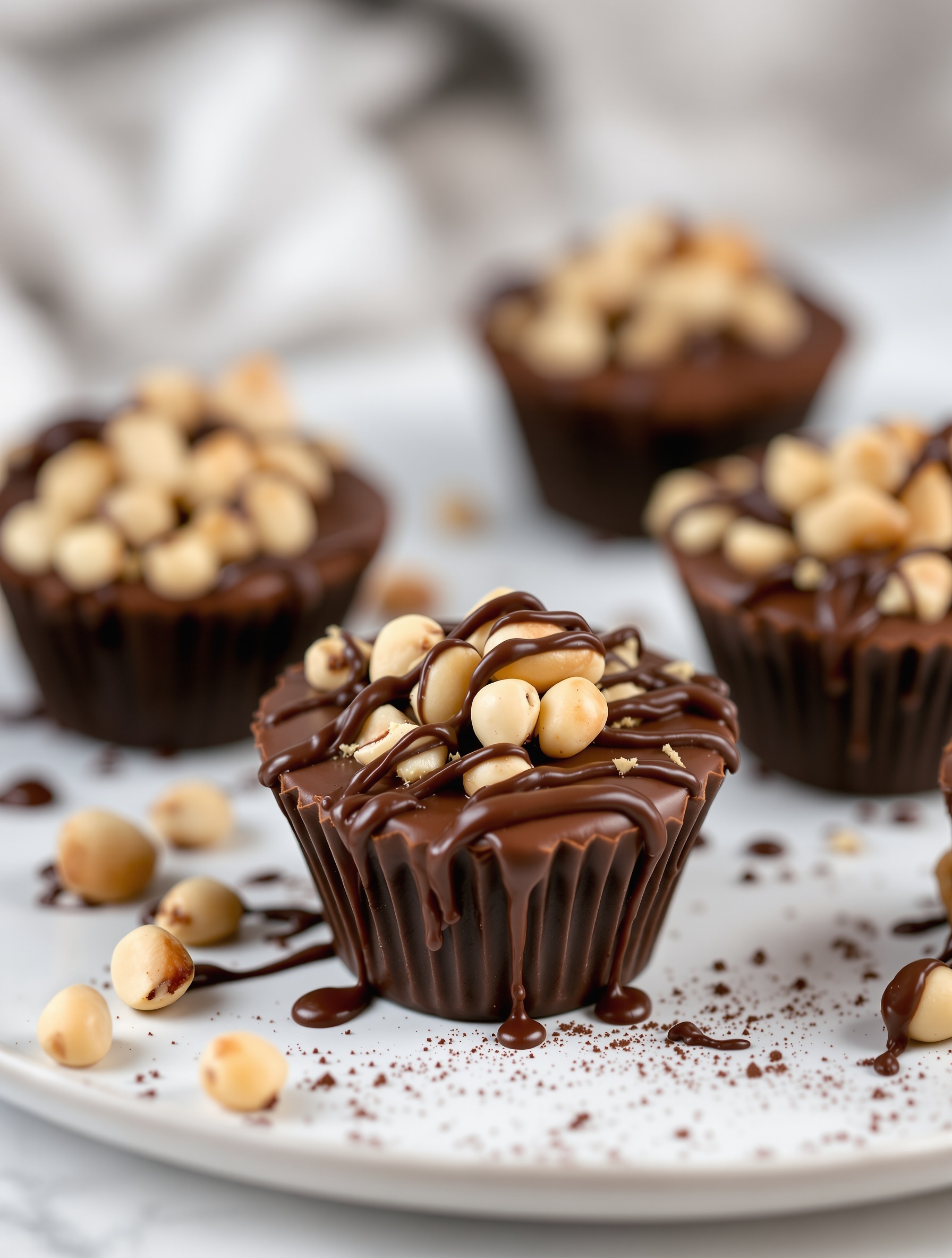 Chocolate Hazelnut Nutella Cups topped with hazelnuts and drizzled chocolate