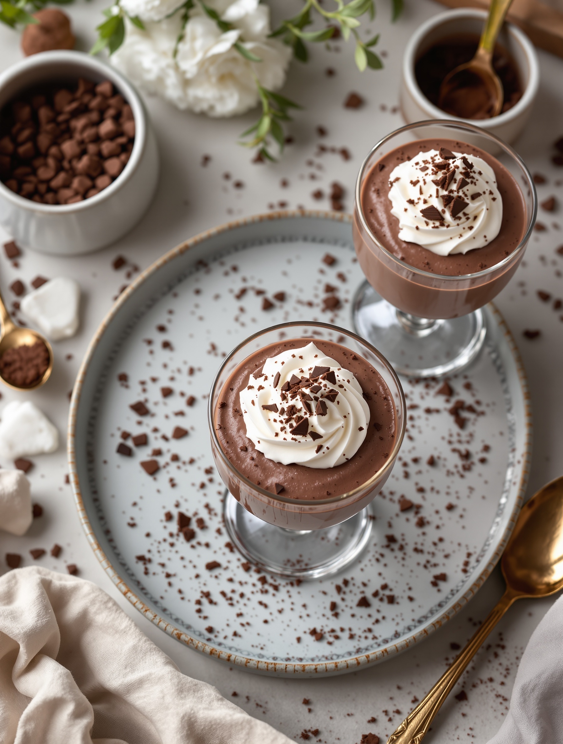 Two chocolate mousse cups topped with whipped cream and chocolate shavings, served on a decorative plate.