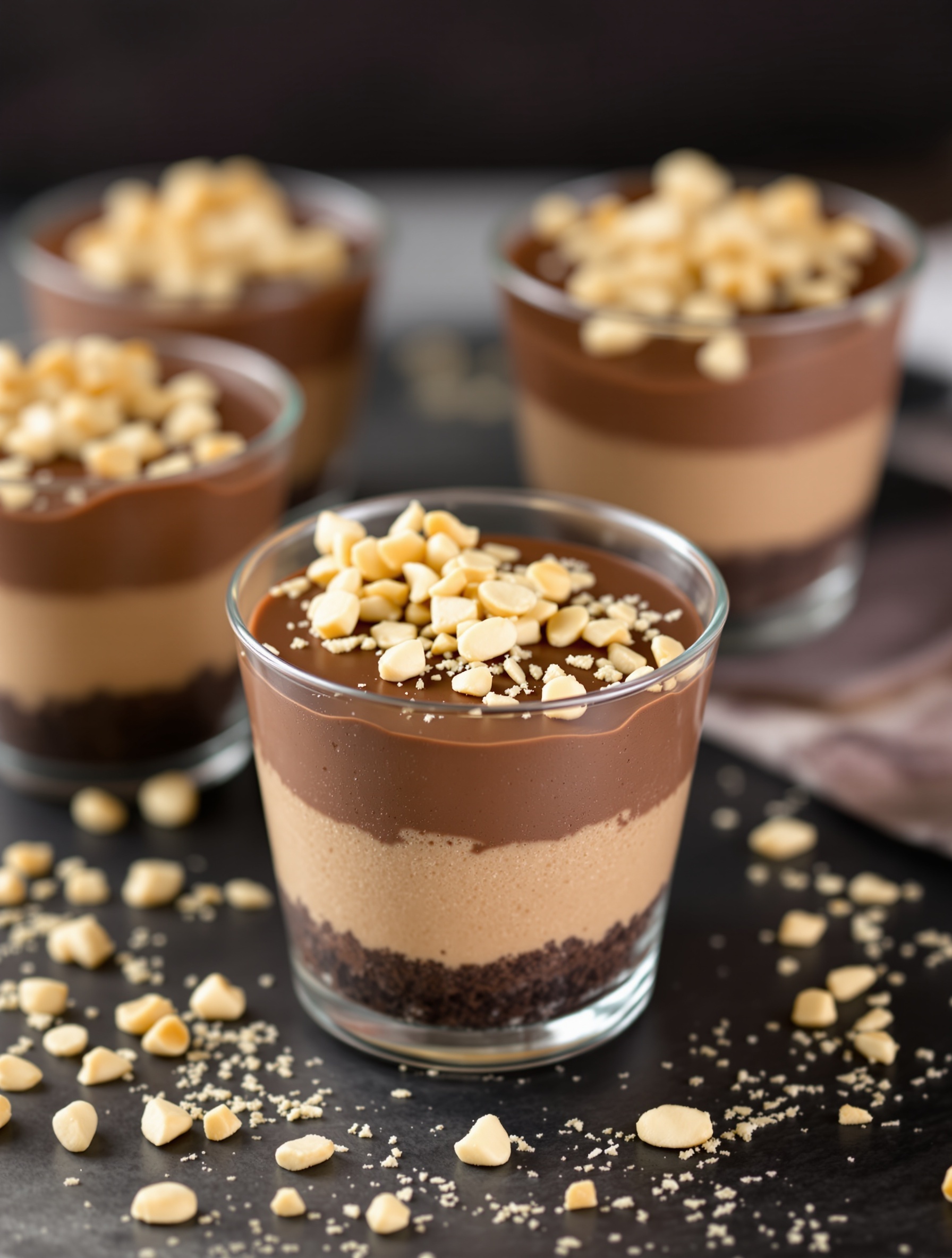 Chocolate peanut butter cheesecake cups with layers of chocolate and peanut butter, topped with chopped peanuts.
