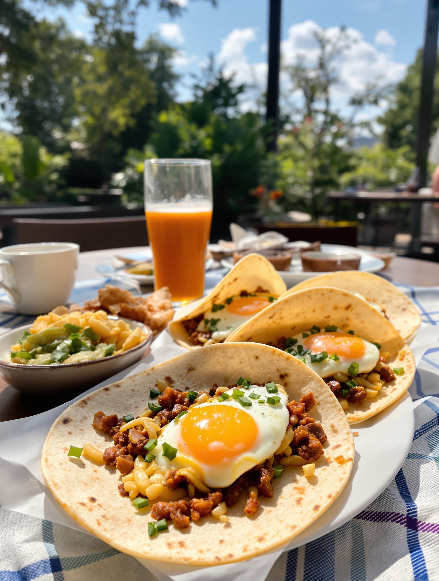 A plate of chorizo and egg breakfast tacos with a drink in a sunny outdoor setting.