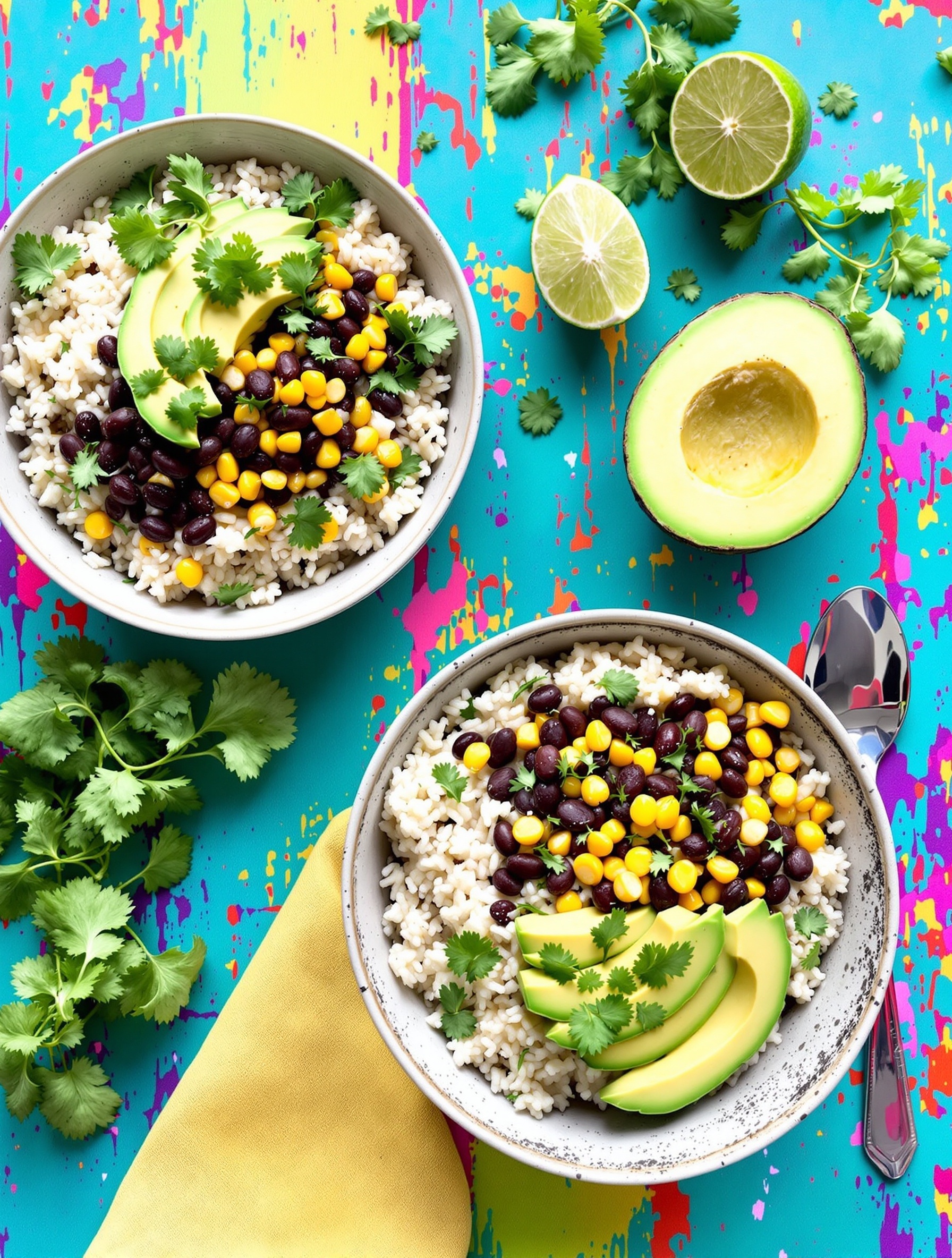 Cilantro lime rice bowls with black beans, corn, and avocado on a colorful background.