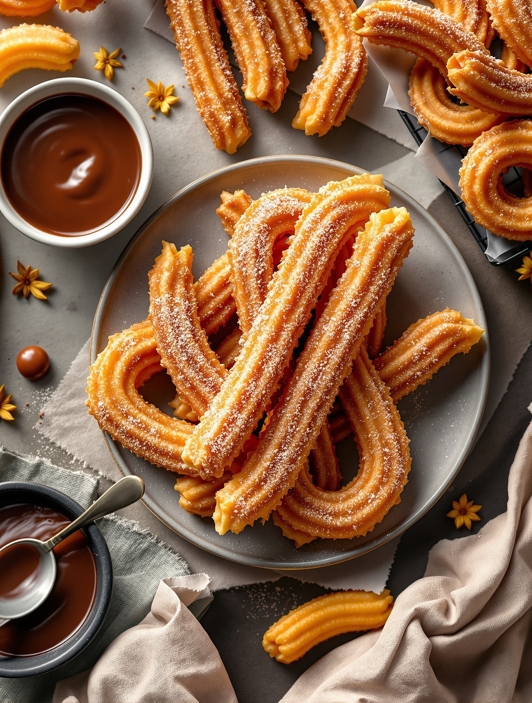A plate of golden-brown churros coated in cinnamon sugar, served with a bowl of chocolate sauce.