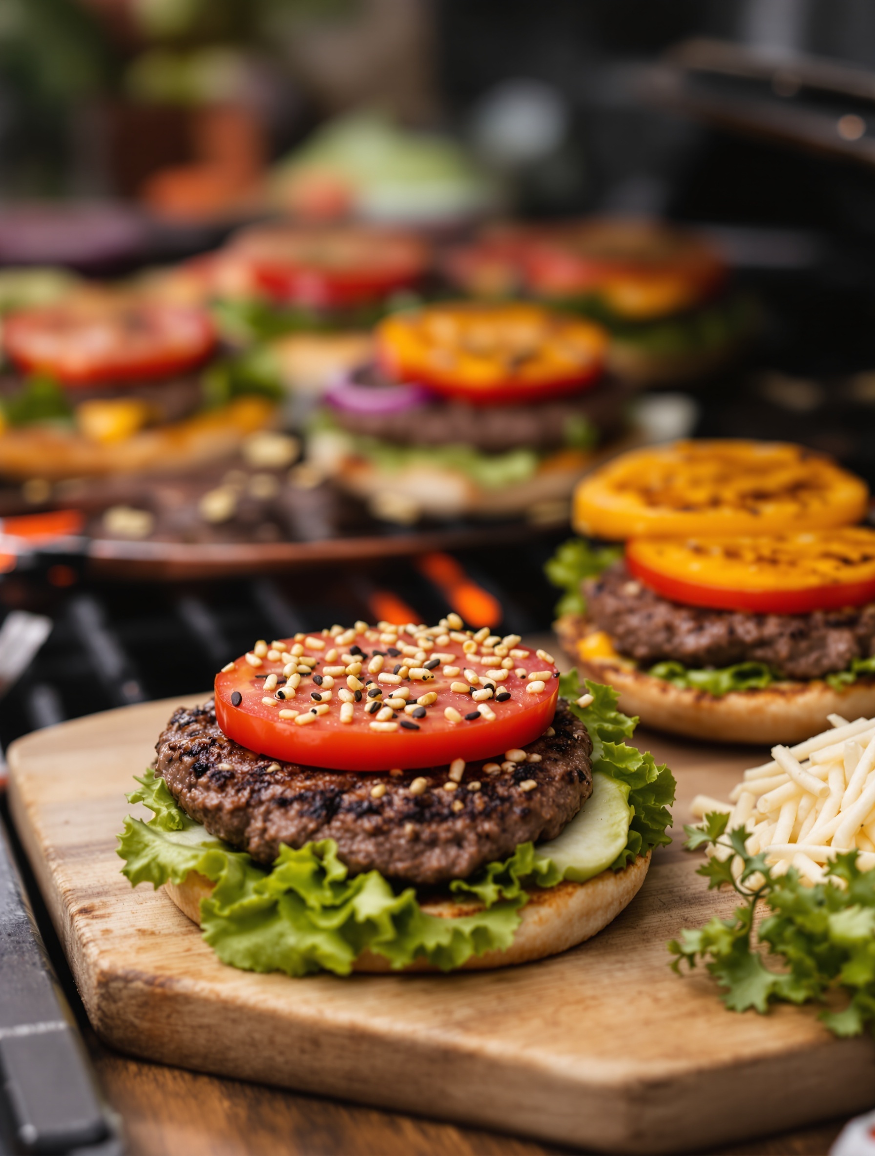 A close-up of a classic beef burger with toppings, including lettuce, tomato, and sesame seeds, on a wooden board.