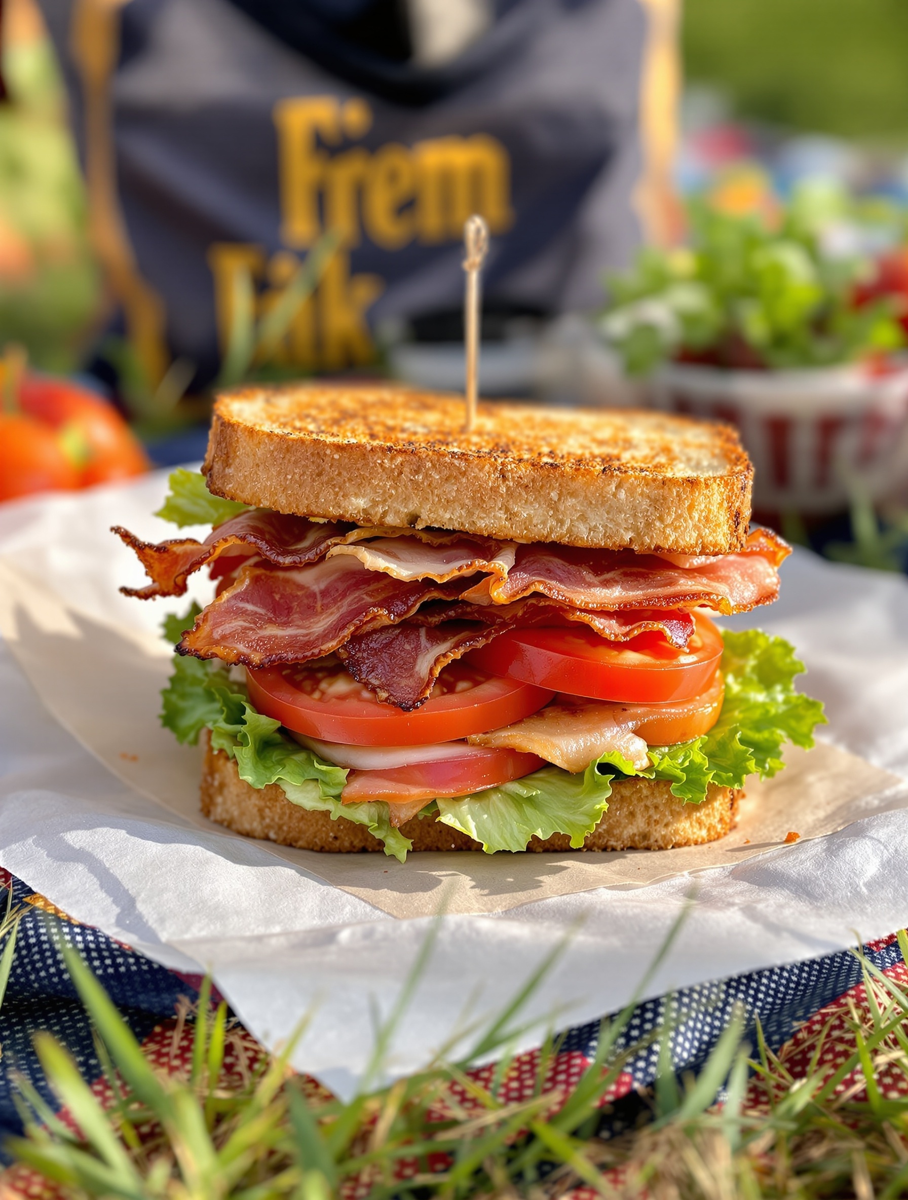 A classic BLT sandwich with crispy bacon, heirloom tomatoes, and lettuce on toasted bread.