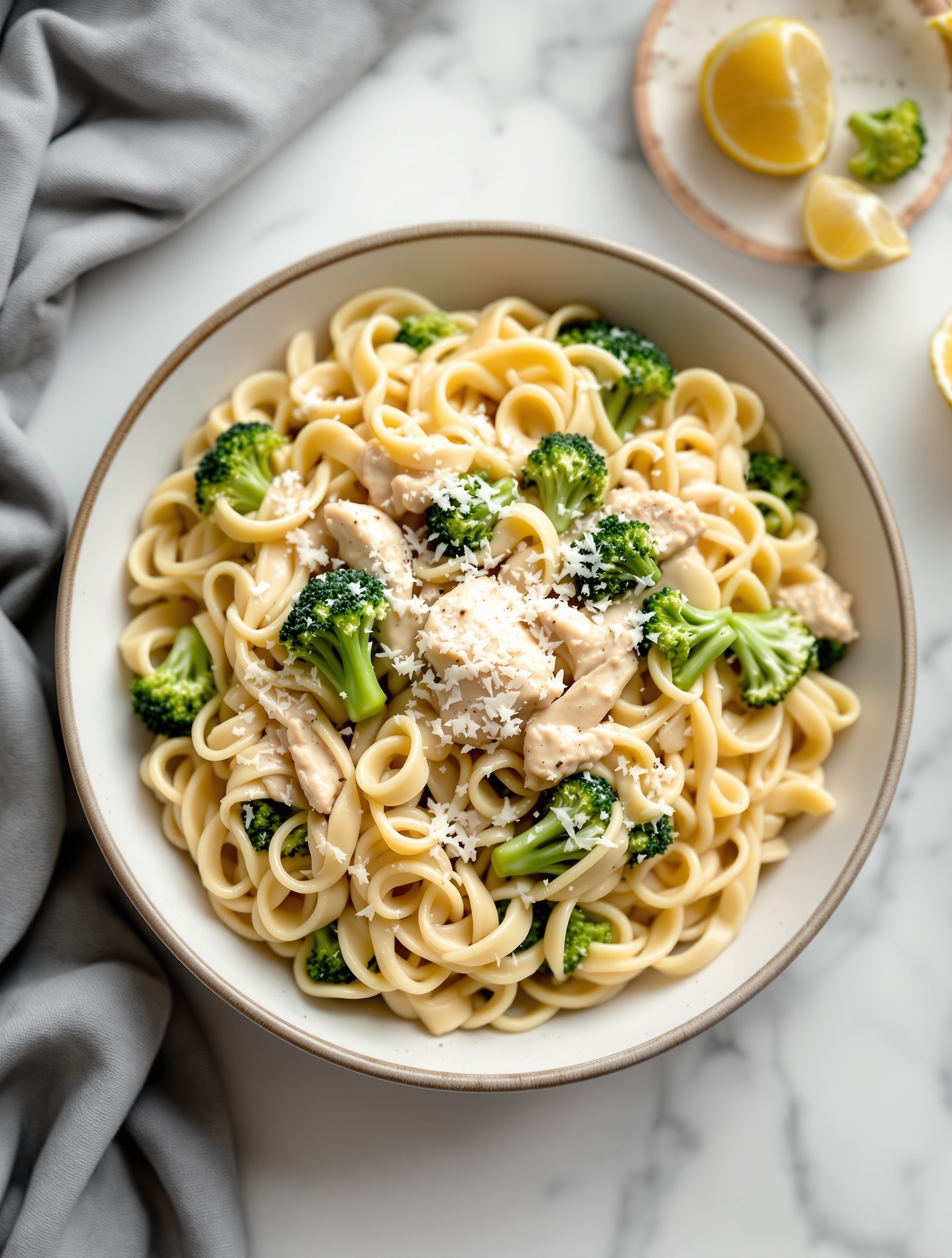 A bowl of Chicken Alfredo with Broccoli, featuring fettuccine pasta, chicken pieces, and broccoli, topped with grated Parmesan cheese.