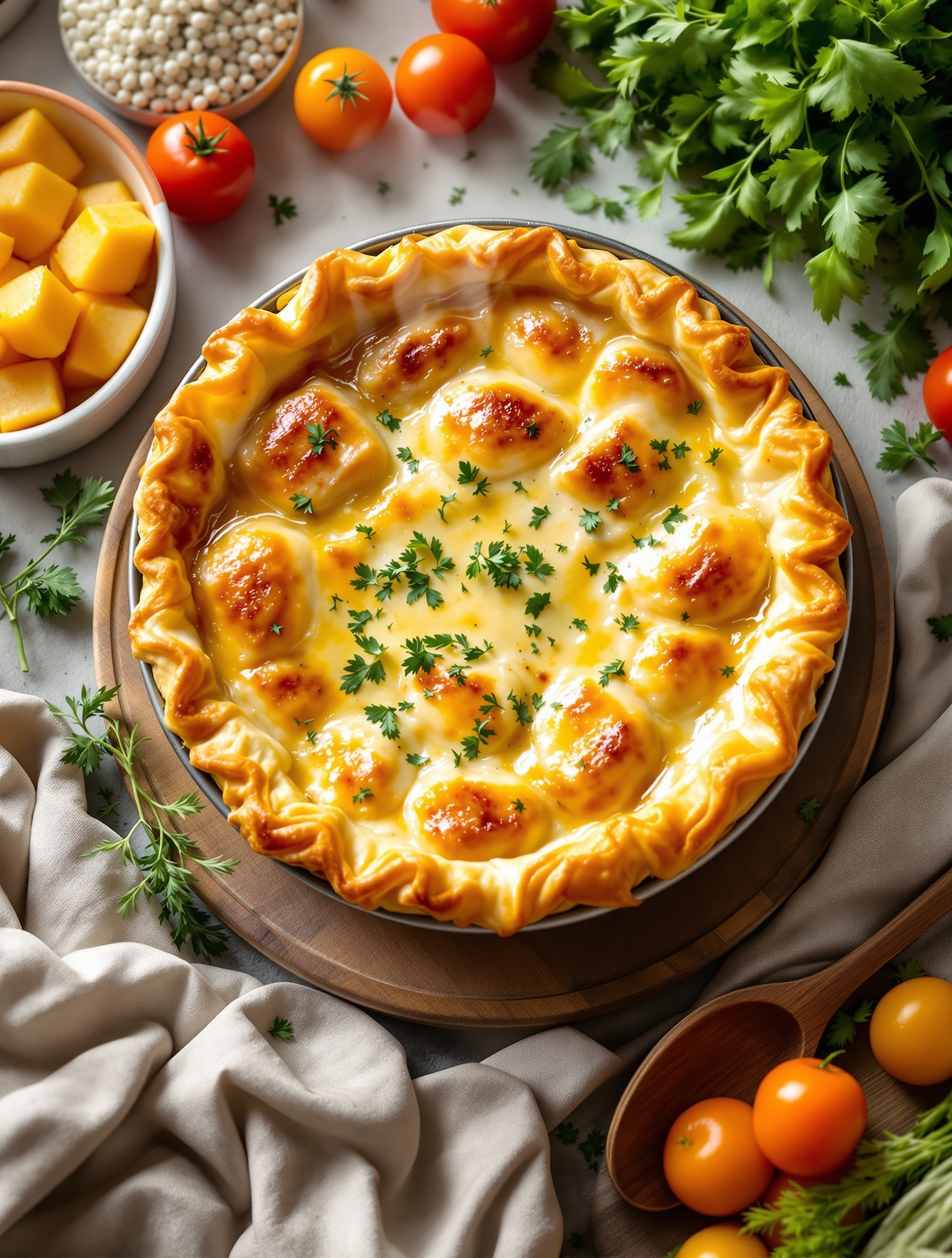 A freshly baked chicken pot pie with a golden crust, garnished with parsley, surrounded by fresh vegetables and herbs.
