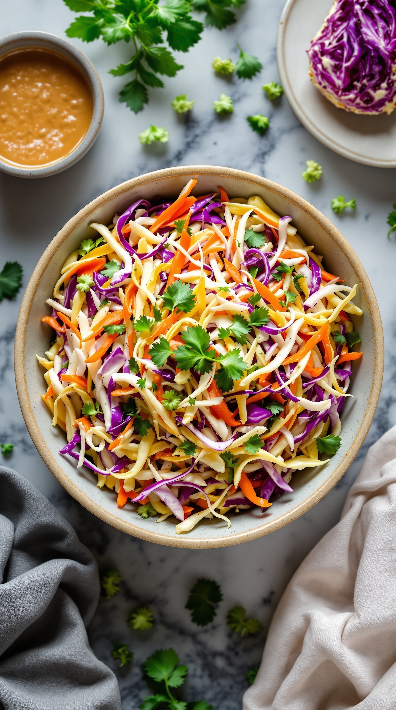 A colorful bowl of coleslaw with green and purple cabbage, carrots, and cilantro, served with a peanut dressing.