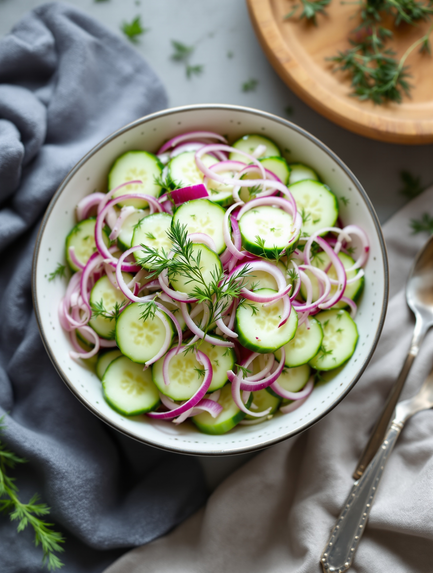 A bowl of classic cucumber salad with red onions and fresh dill.