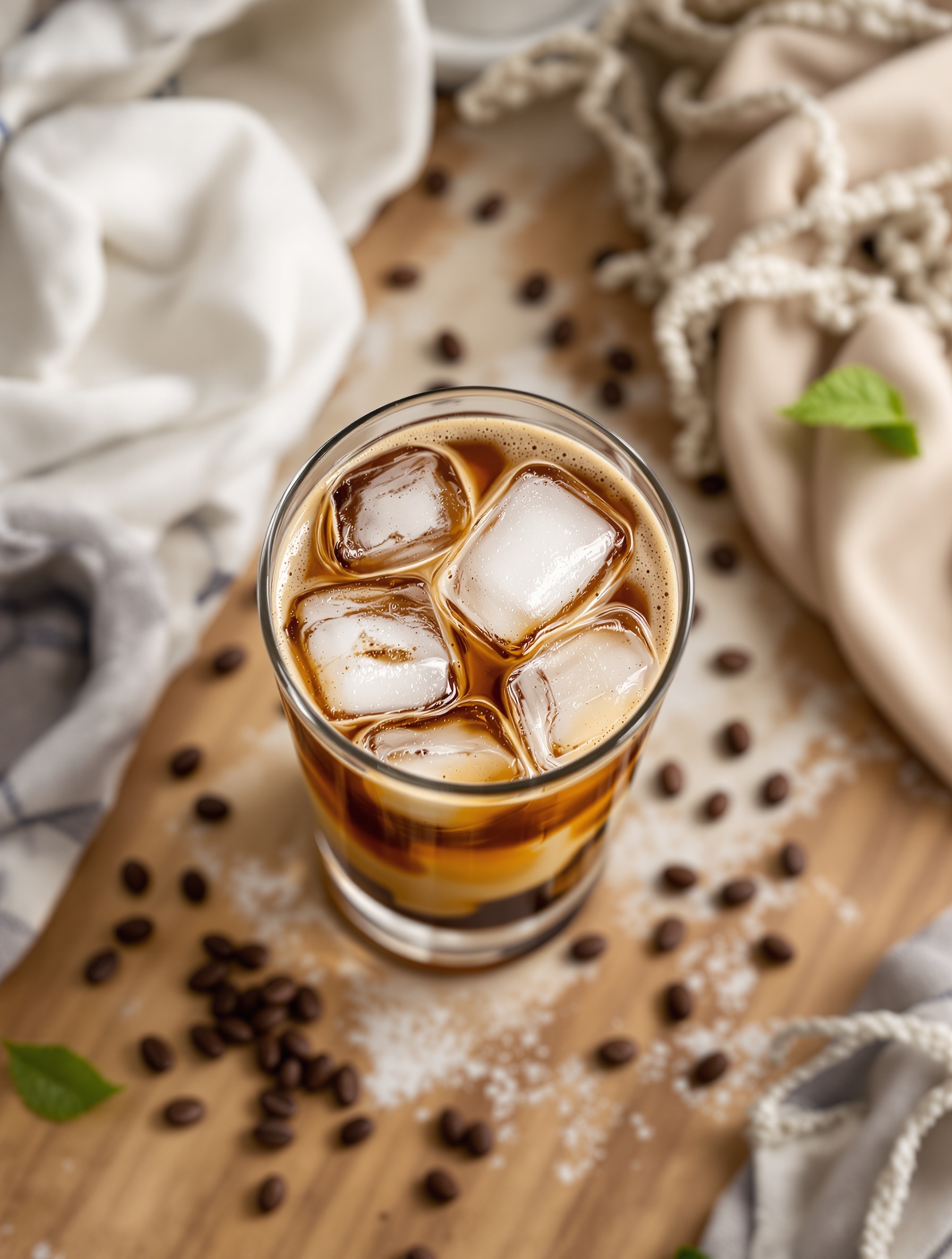 A glass of Classic Iced Americano with ice cubes, coffee beans, and a light background.