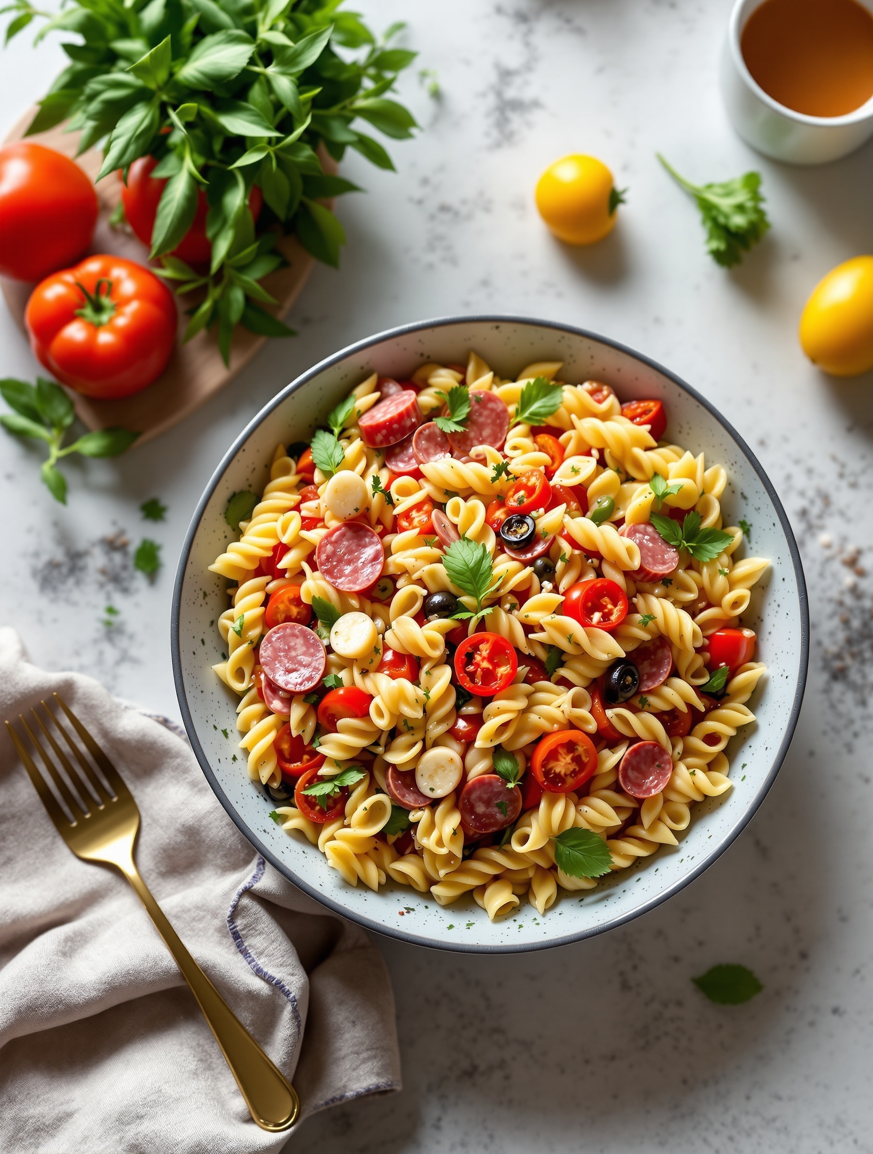 A bowl of classic Italian pasta salad with rotini, cherry tomatoes, olives, salami, and mozzarella, garnished with fresh basil.