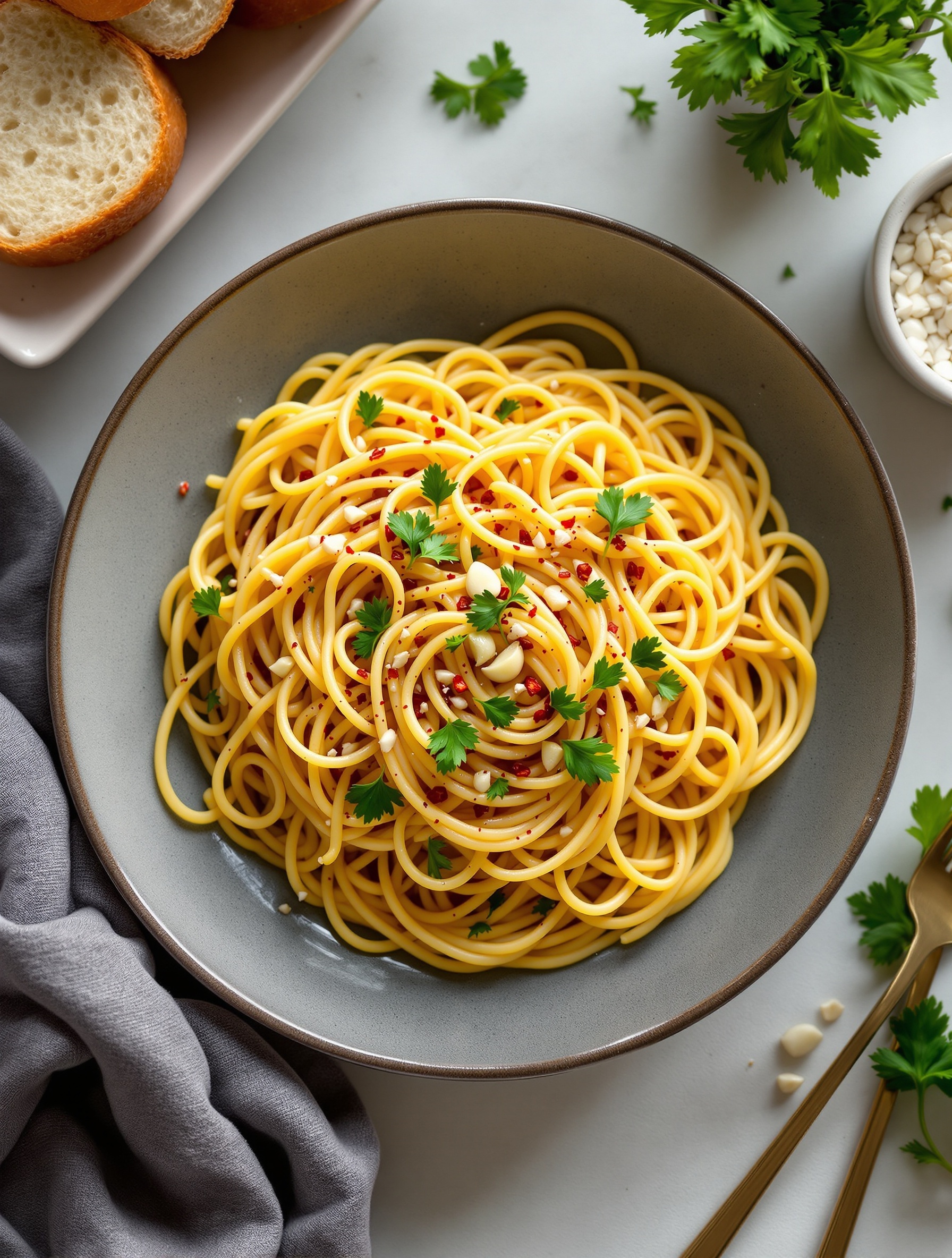 A bowl of spaghetti aglio e olio topped with parsley and red pepper flakes, accompanied by crusty bread.