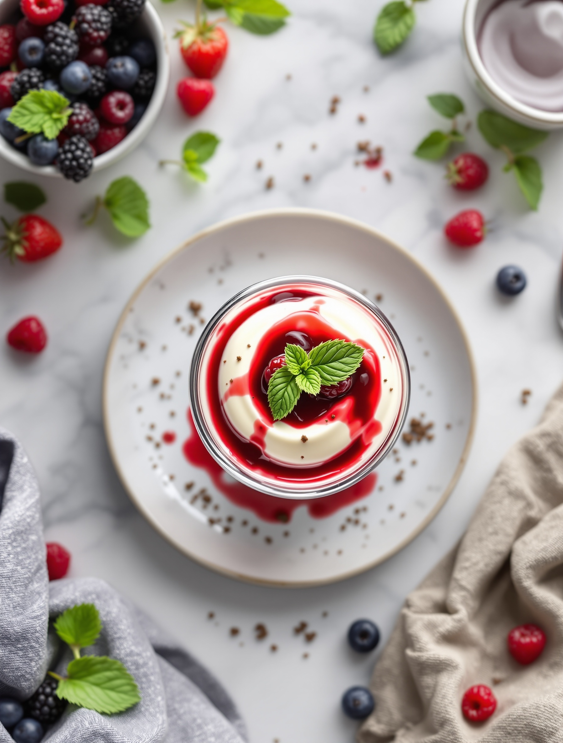 A glass of vanilla bean panna cotta topped with berry sauce and mint leaves, surrounded by fresh berries.