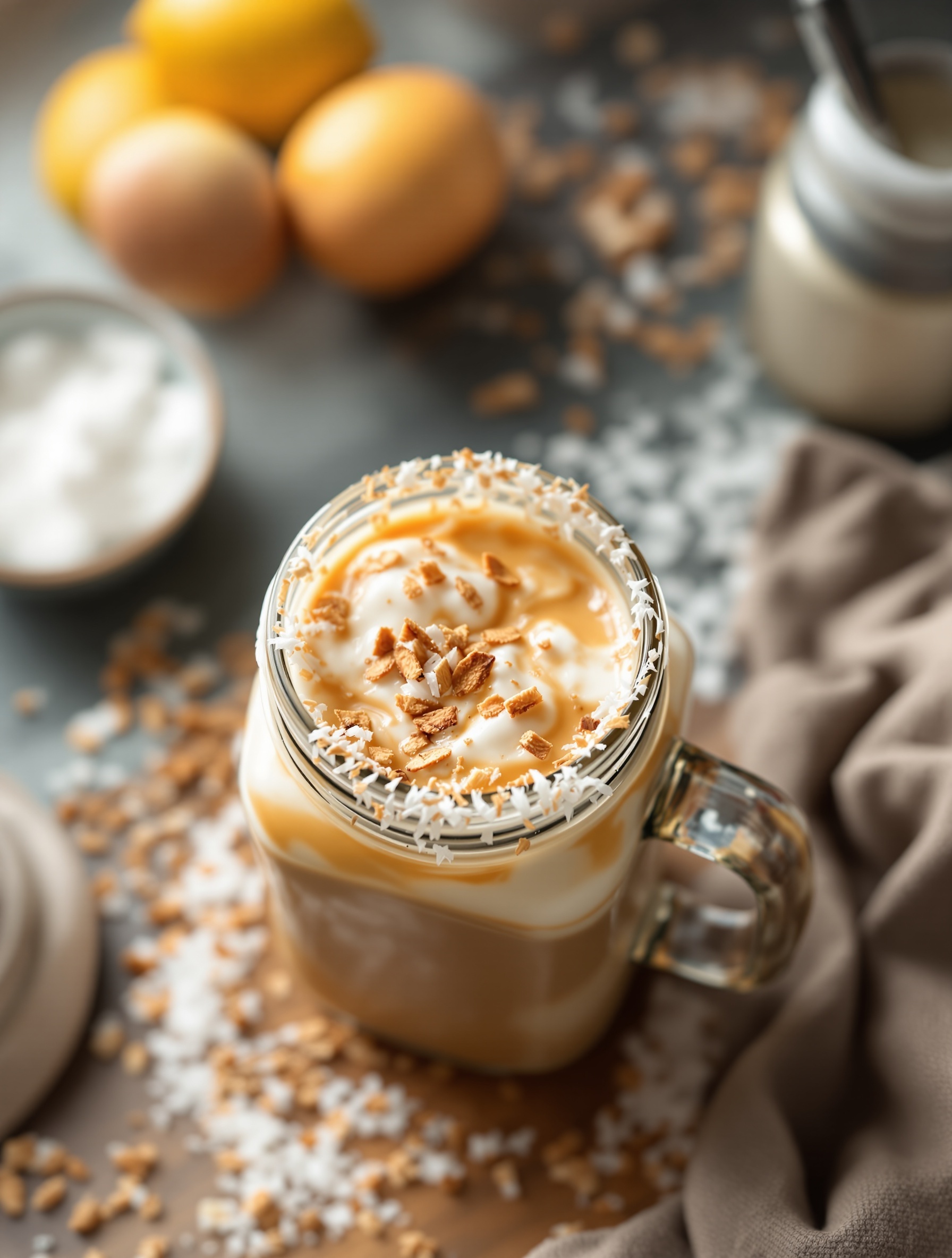 A glass of Coconut Cream Iced Coffee topped with whipped cream, shredded coconut, and caramel sauce, surrounded by coconut flakes and lemons.