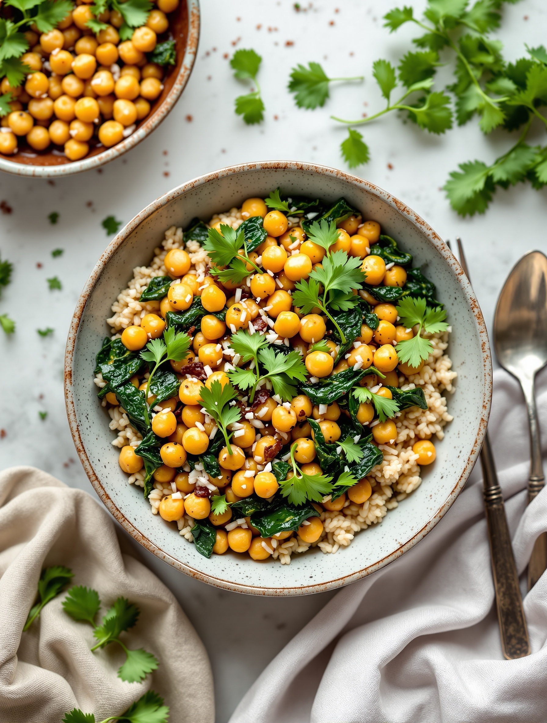 A vibrant Coconut Curry Chickpea Bowl with chickpeas, greens, and cilantro.