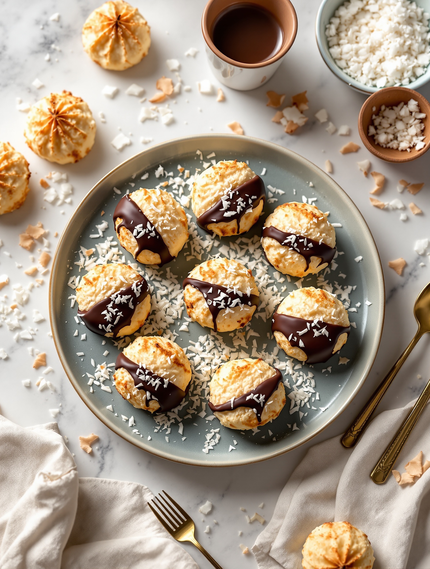 A plate of coconut macaroons dipped in dark chocolate, sprinkled with coconut flakes, with a cup of coffee in the background.
