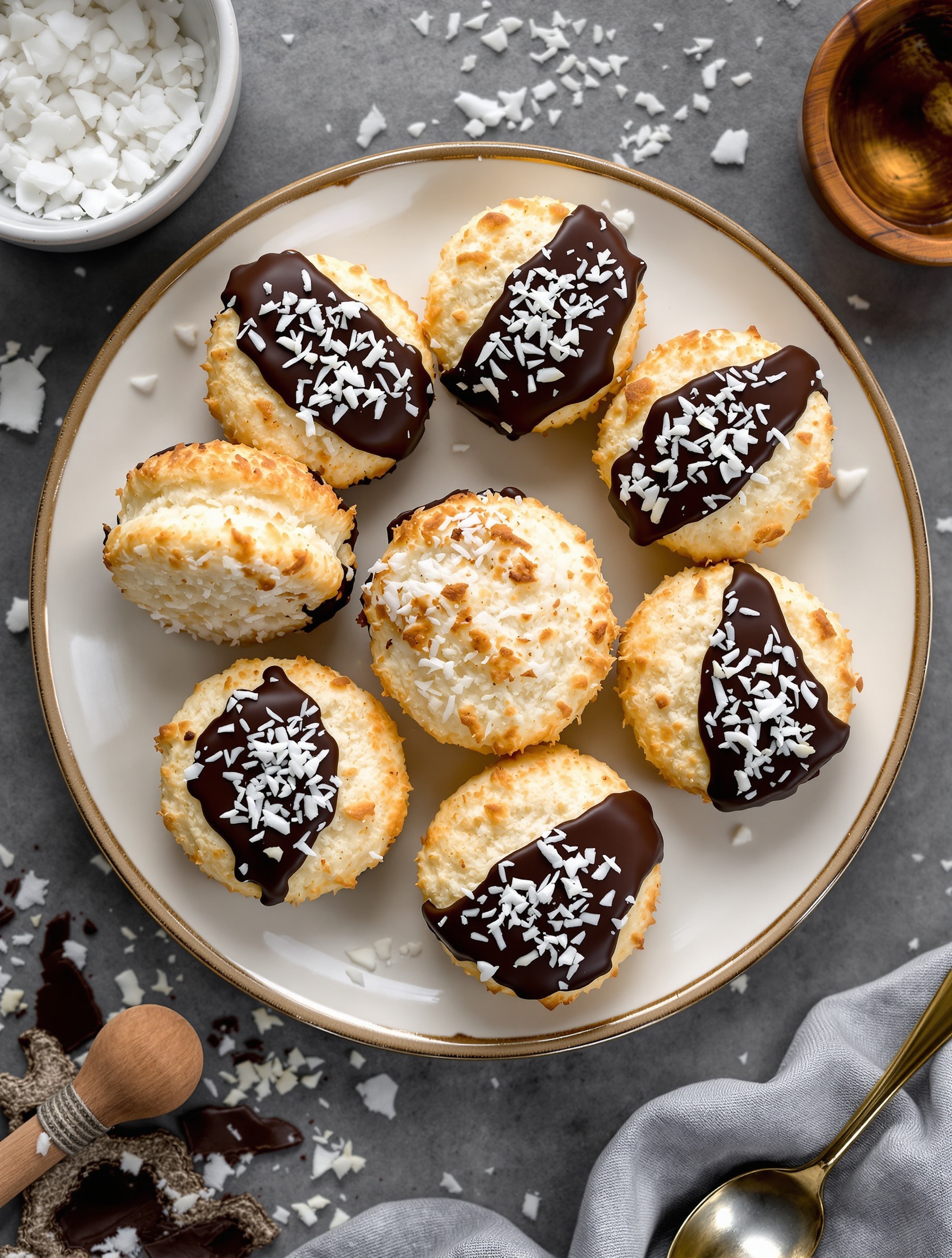 Coconut macaroons dipped in dark chocolate on a plate