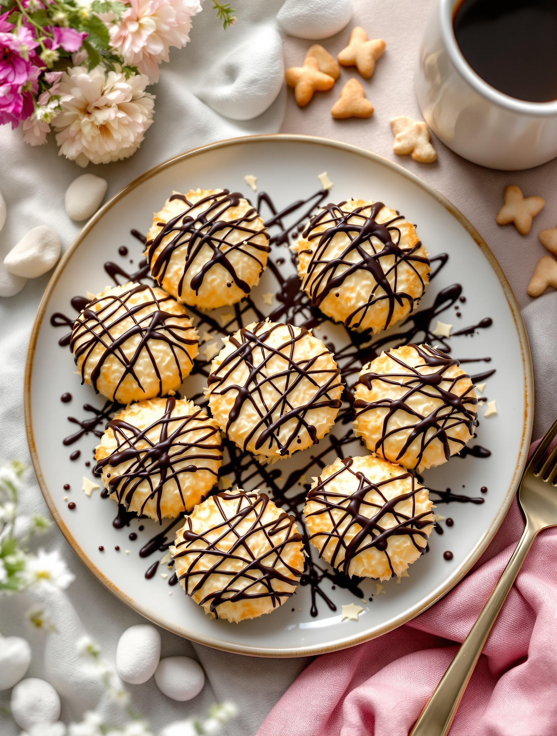 A plate of coconut macaroons drizzled with chocolate, surrounded by flowers and decorative elements.