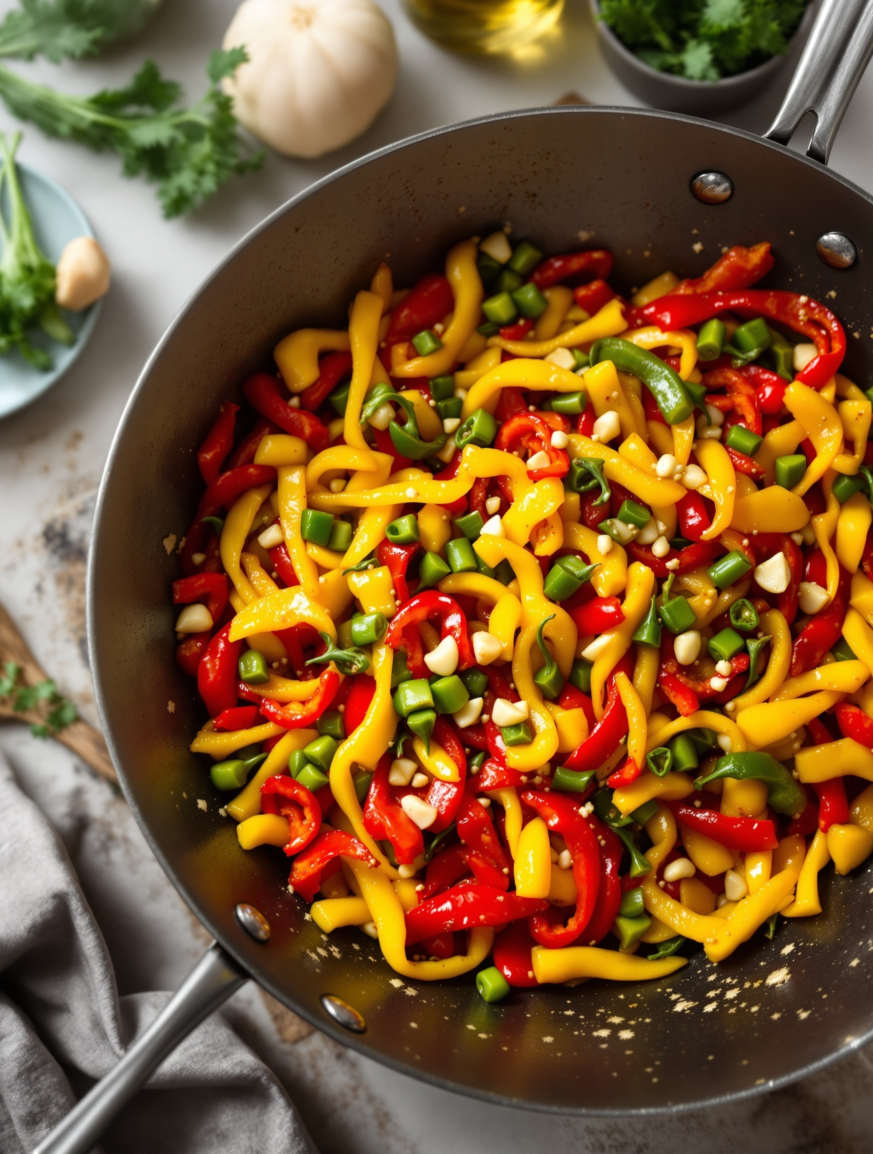 A vibrant medley of sliced red, yellow, and green bell peppers in a skillet, garnished with garlic and herbs.