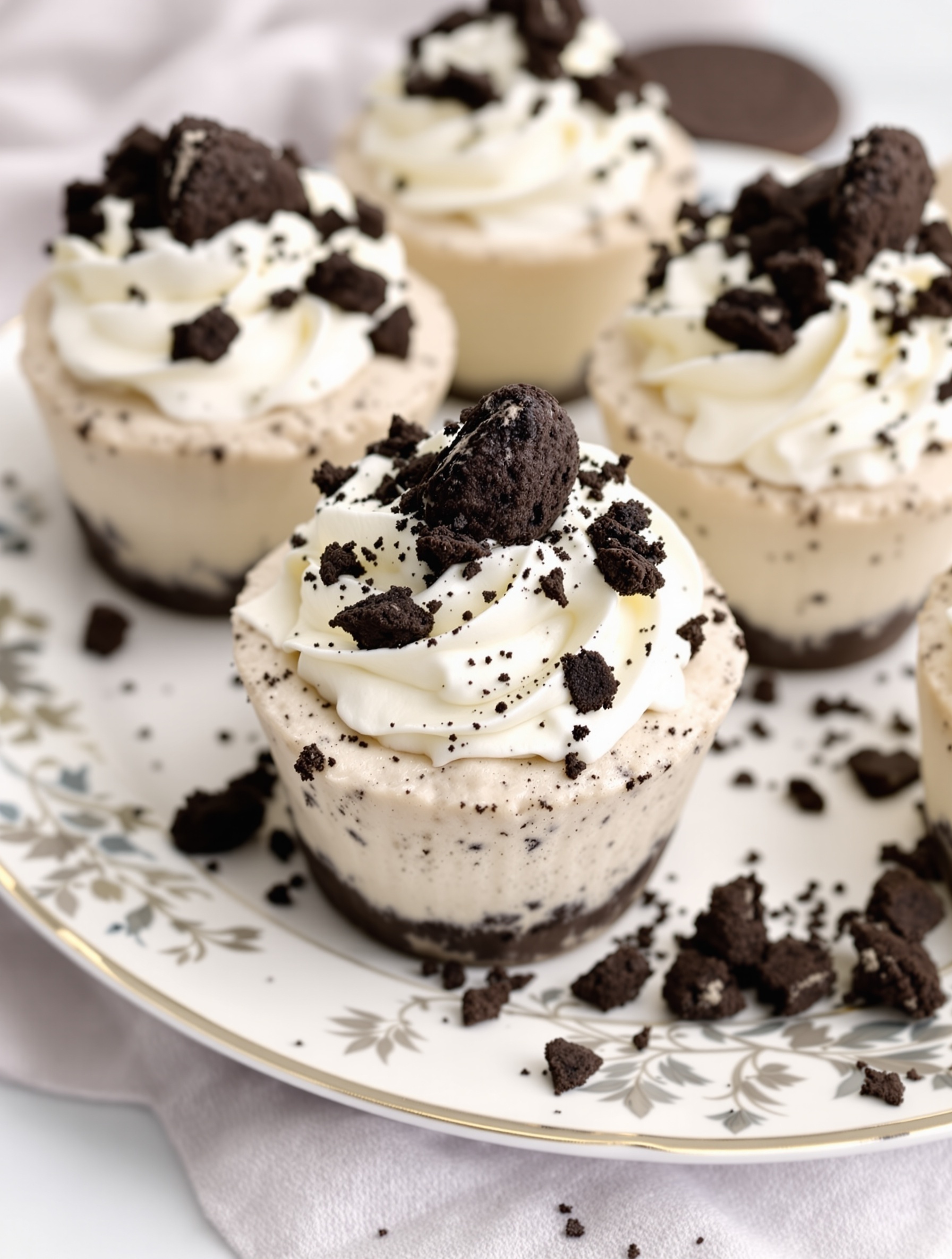 Delicious Cookies and Cream Mousse Cups topped with whipped cream and crushed Oreos