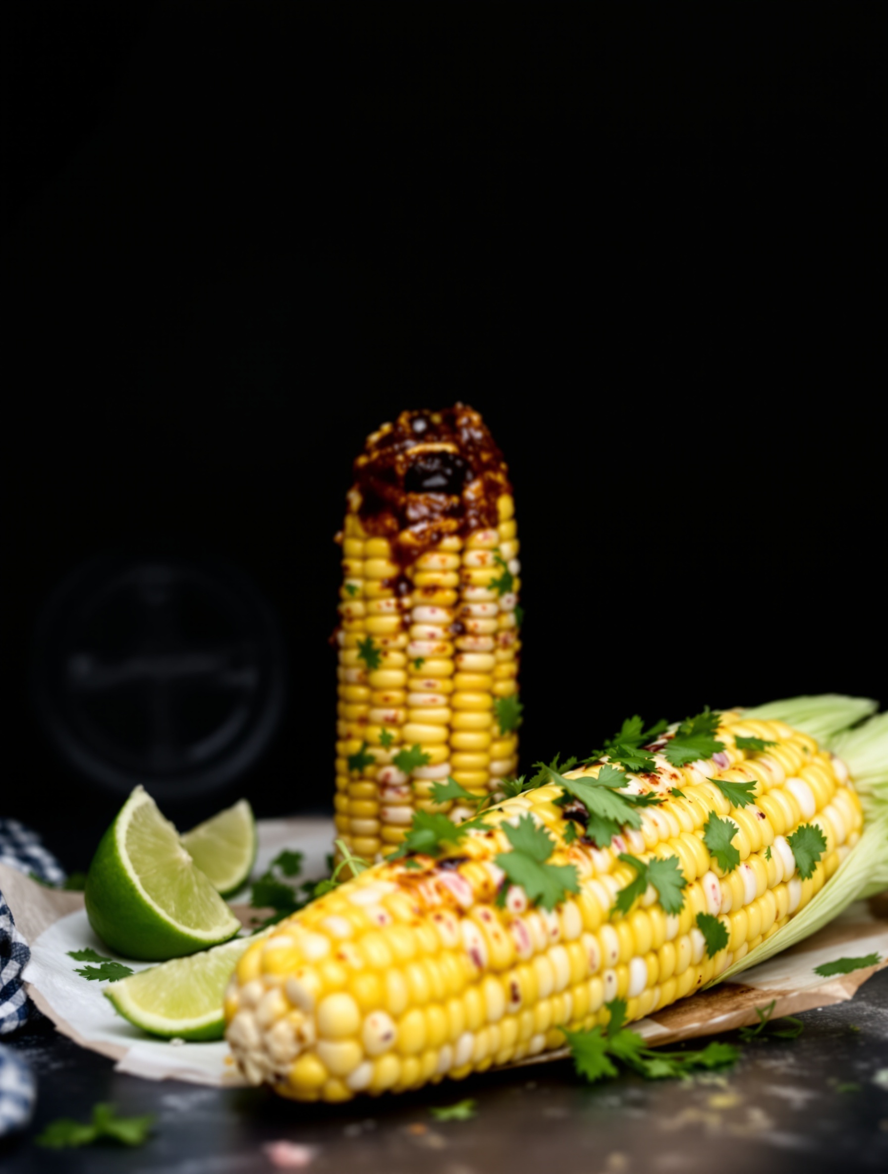 Grilled corn on the cob topped with chili lime butter and garnished with cilantro, served with lime wedges.
