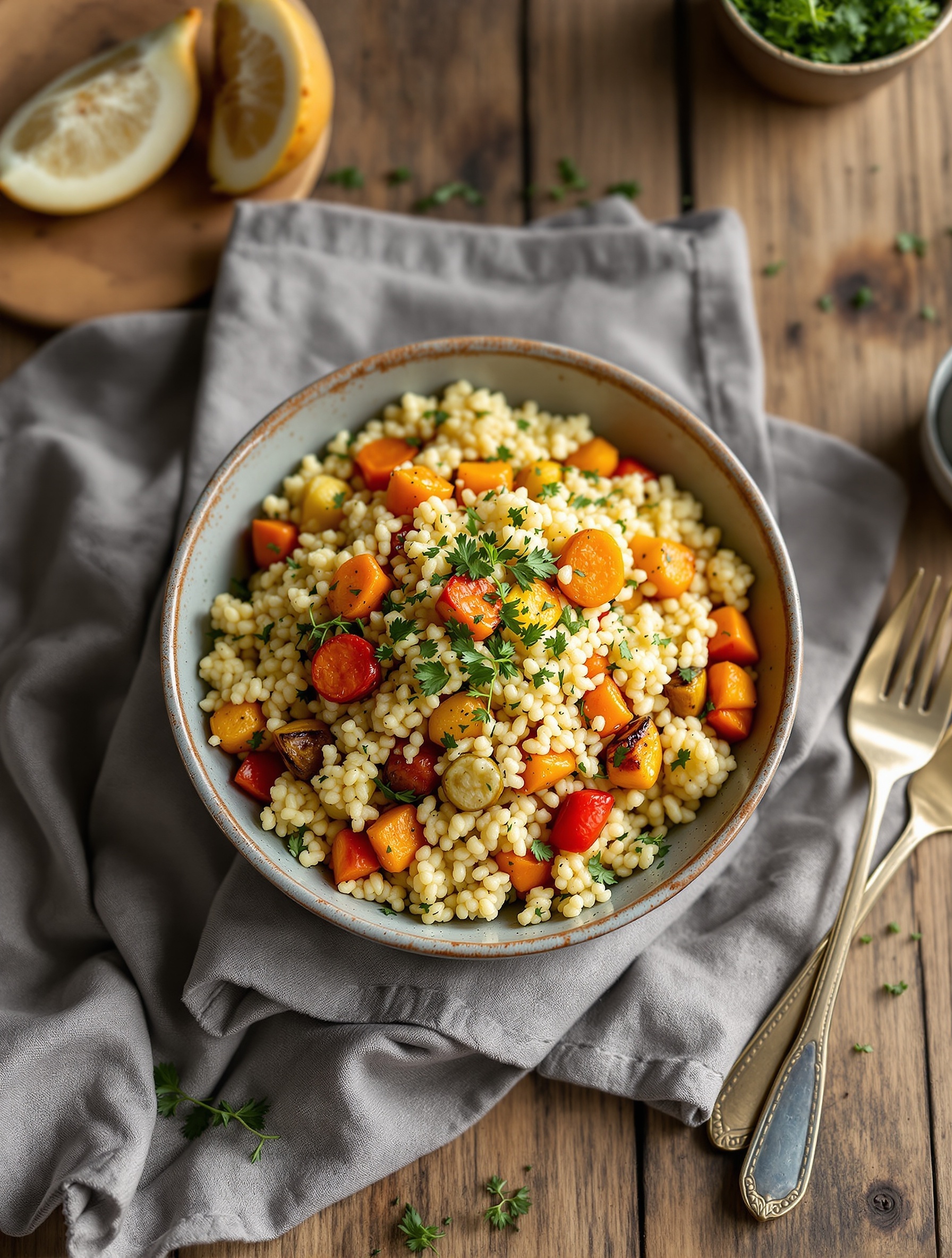A bowl of couscous mixed with roasted vegetables, garnished with parsley and lemon wedges.